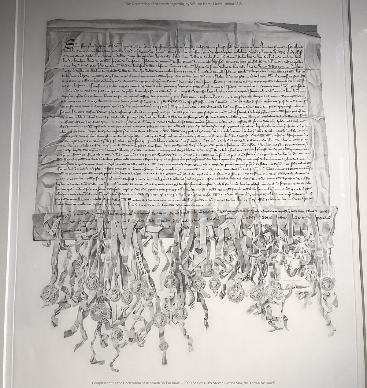 Full William Home Lizars copperplate engraving of the Declaration of Arbroath showing the document body and seal tags.
