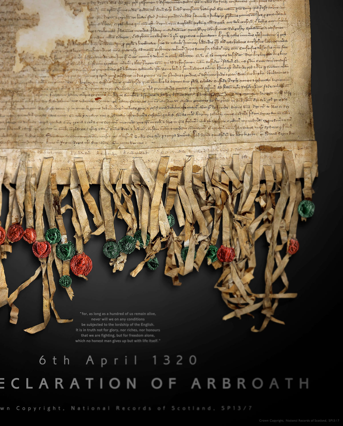Vertical detail of the lower Black Onyx artwork showing manuscript text, hanging parchment tags and seals, the freedom quotation, 6th April 1320 and part of the title.