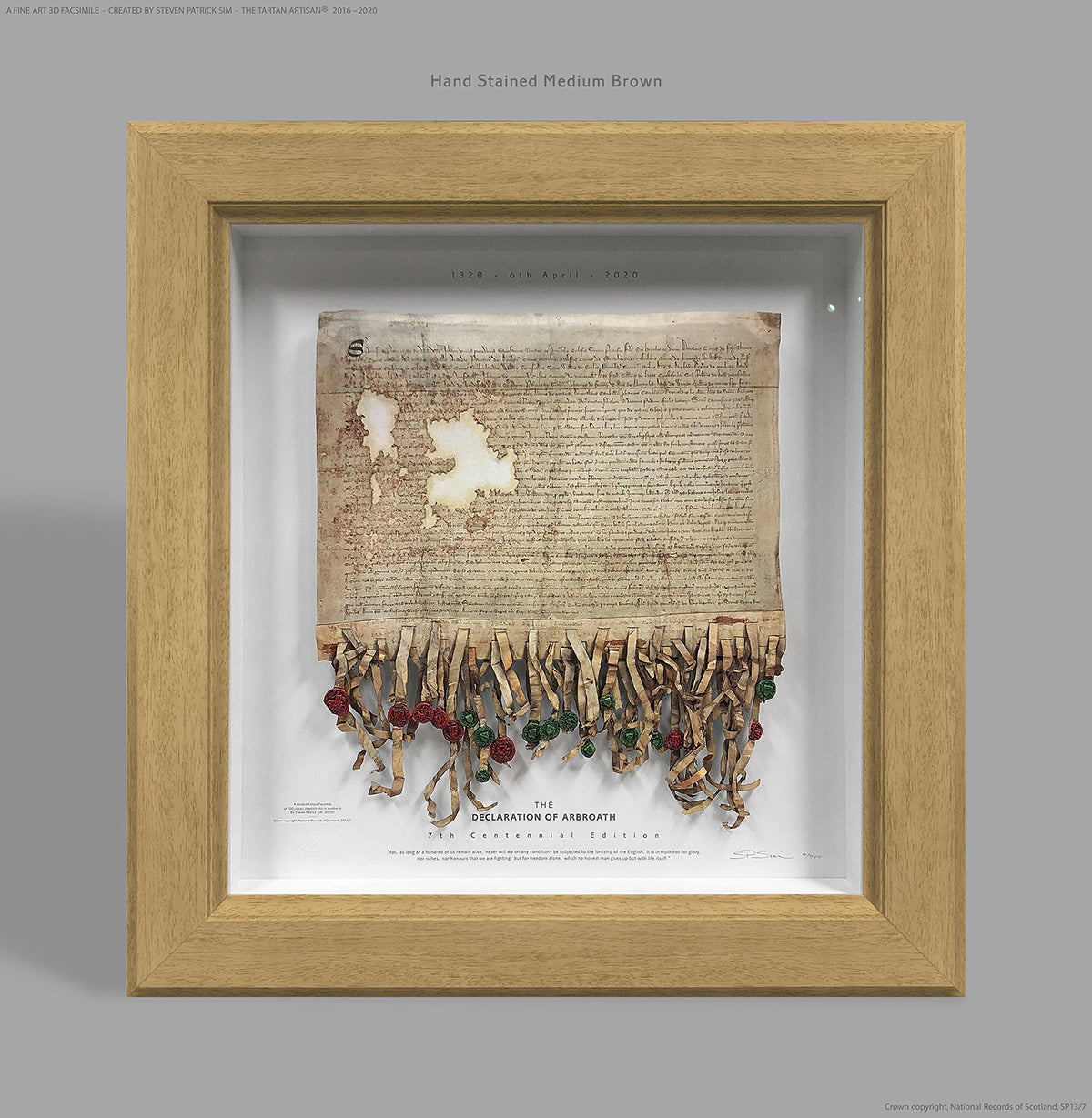 Declaration of Arbroath Fine-Art 3D Facsimile in hand-stained Medium Brown frame finish, 7th Centennial Edition by Steven Patrick Sim, The Tartan Artisan®.