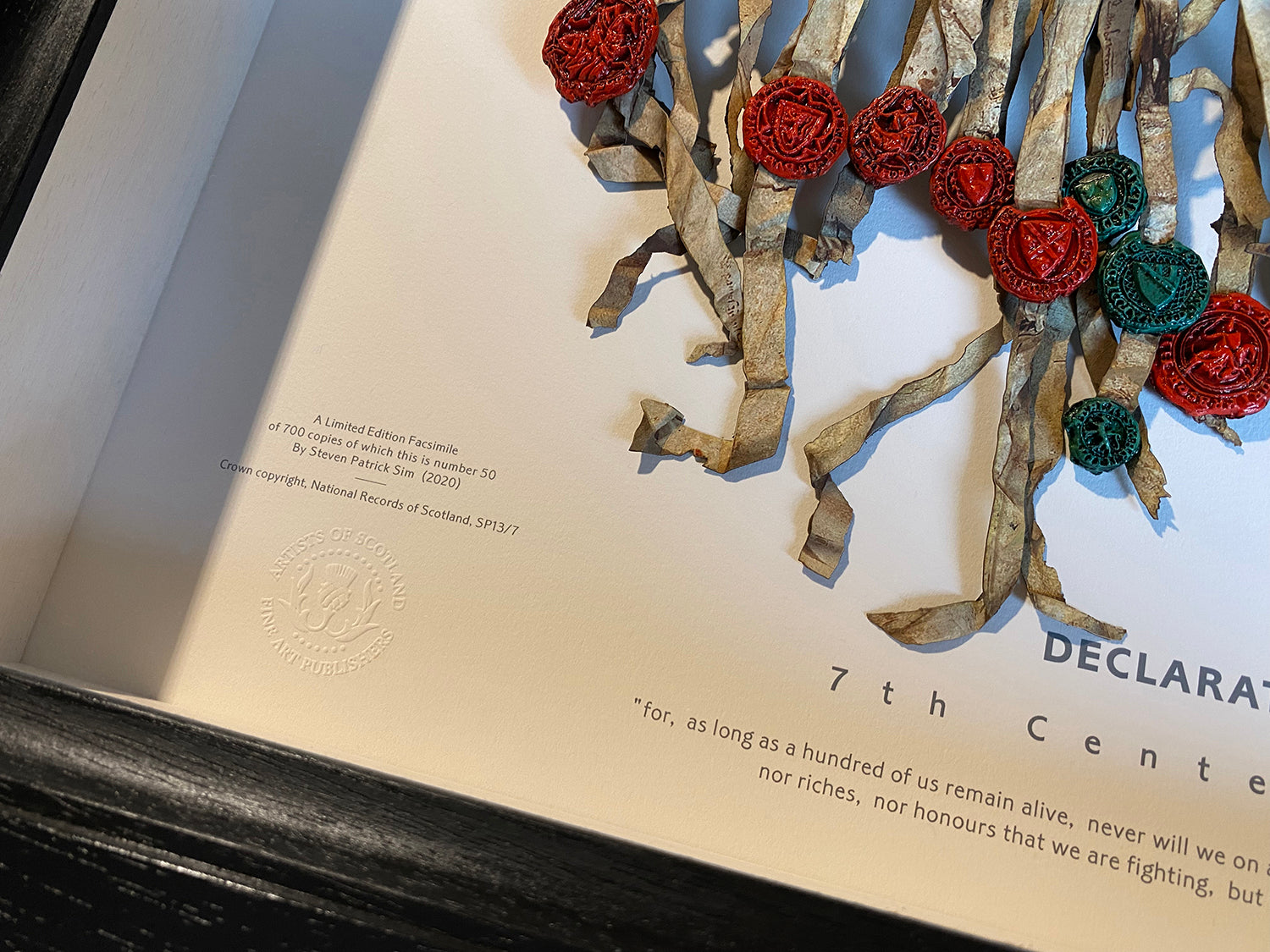Close view of the 7th Centennial Edition title area and three-dimensional cast seals on the Declaration of Arbroath Fine-Art 3D Facsimile.