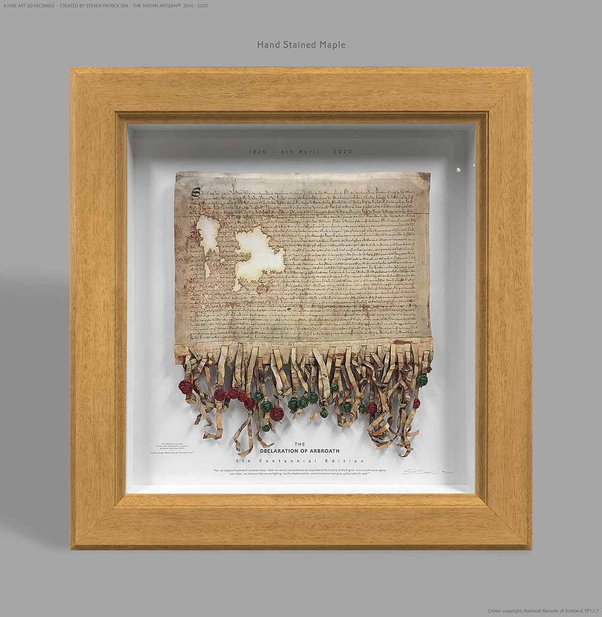 Declaration of Arbroath Fine-Art 3D Facsimile in hand-stained Maple frame finish, 7th Centennial Edition by Steven Patrick Sim, The Tartan Artisan®.