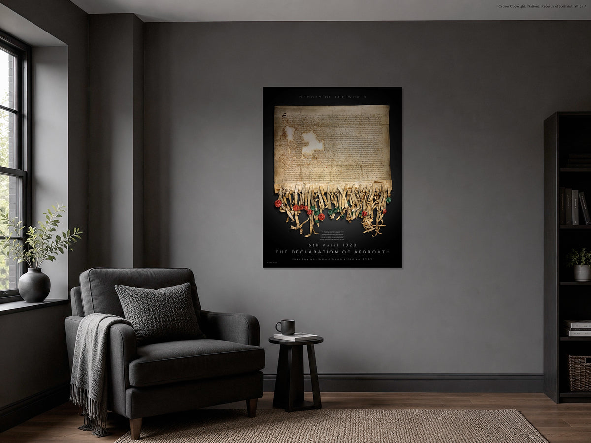 Illustrative dark reading room with the Black Onyx Declaration artwork displayed on a grey wall above an armchair and side table.
