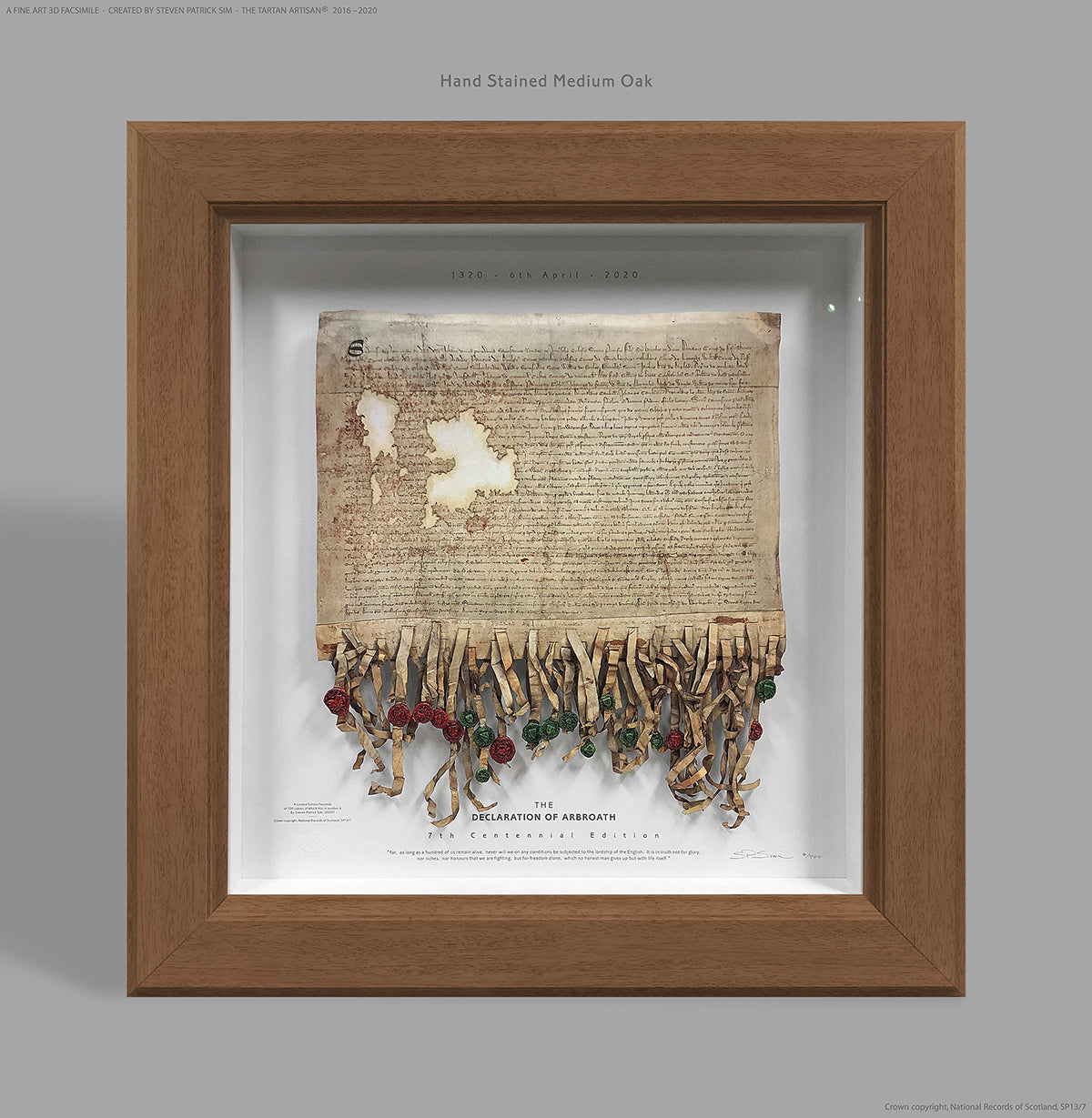 Declaration of Arbroath Fine-Art 3D Facsimile in hand-stained Medium Oak frame finish, 7th Centennial Edition by Steven Patrick Sim, The Tartan Artisan®.