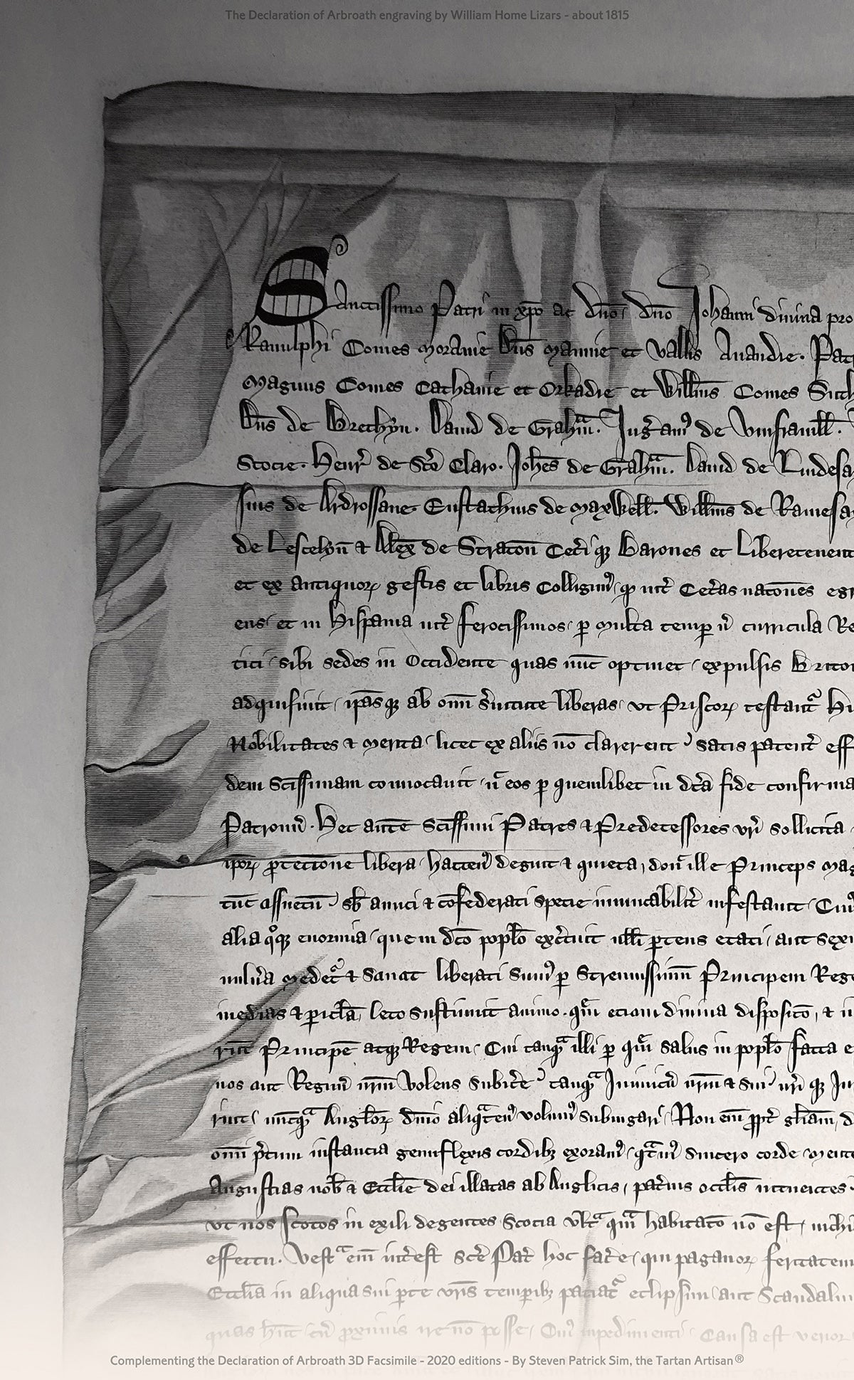 Upper manuscript body detail from the William Home Lizars engraving of the Declaration of Arbroath.