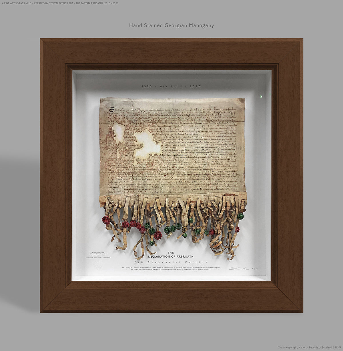 Declaration of Arbroath Fine-Art 3D Facsimile in hand-stained Georgian Mahogany frame finish, 7th Centennial Edition by Steven Patrick Sim, The Tartan Artisan®.