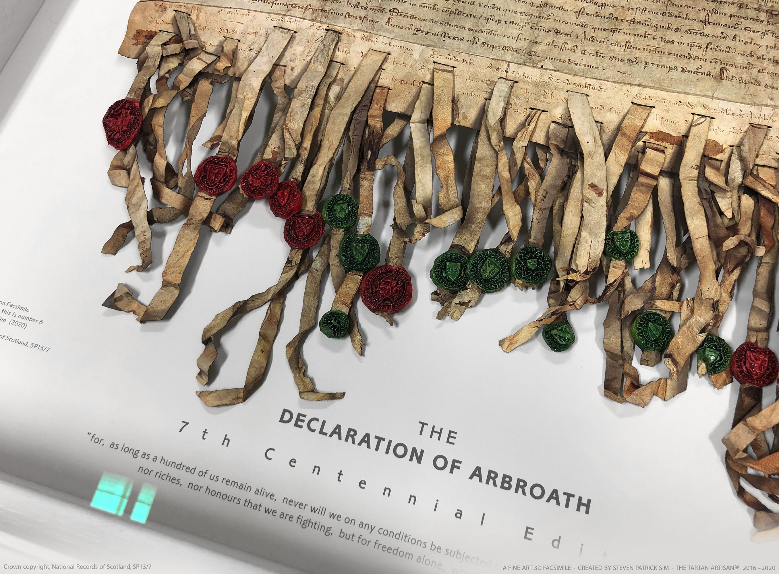 Front-facing detail of the Declaration of Arbroath Fine-Art 3D Facsimile, showing the title area and the row of red and green cast seals beneath the parchment.