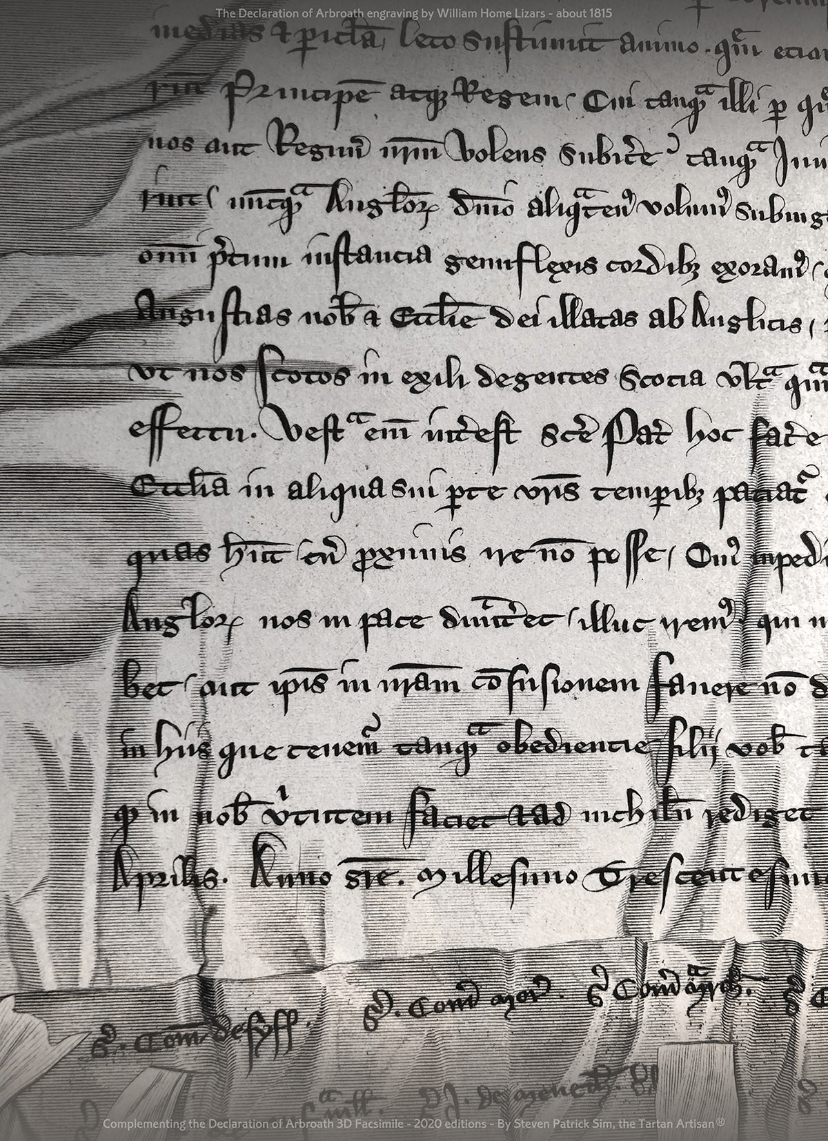 Close detail of handwritten text in the William Home Lizars engraving of the Declaration of Arbroath.