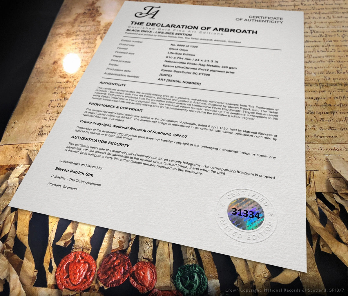 Black Onyx Life-Size Edition Certificate of Authenticity laid diagonally over the artwork, with numbered security hologram 31334 visible at the lower right.