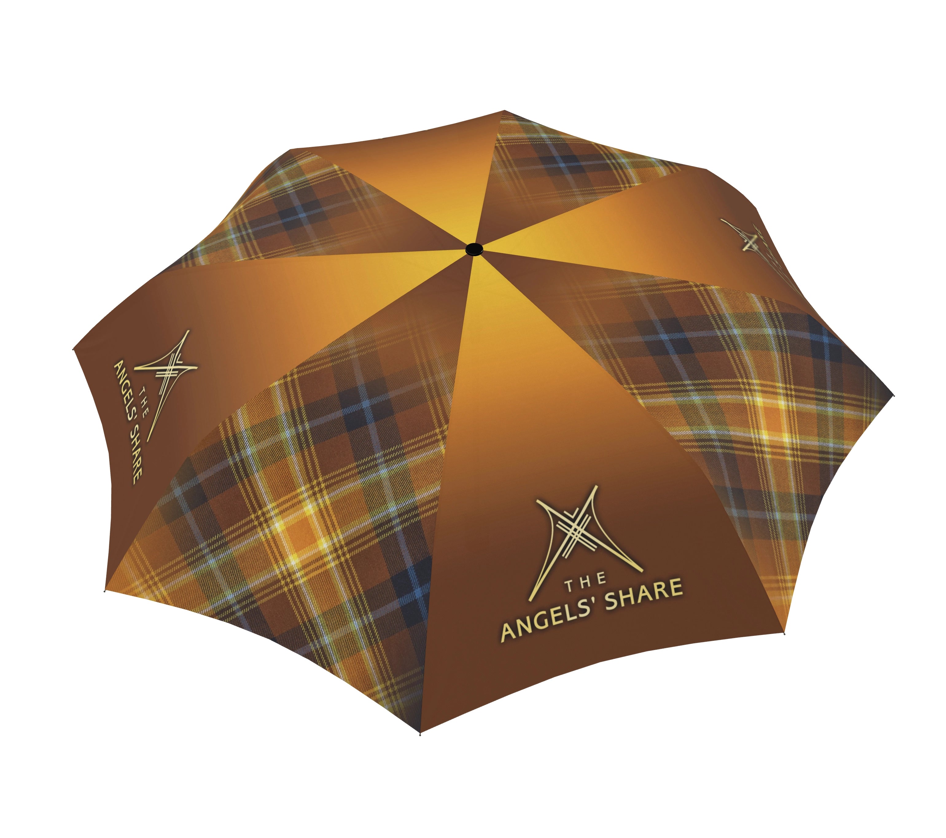 Angled canopy view of the Angels’ Share® mini auto-open umbrella showing alternating tartan panels and golden emblem sections.
