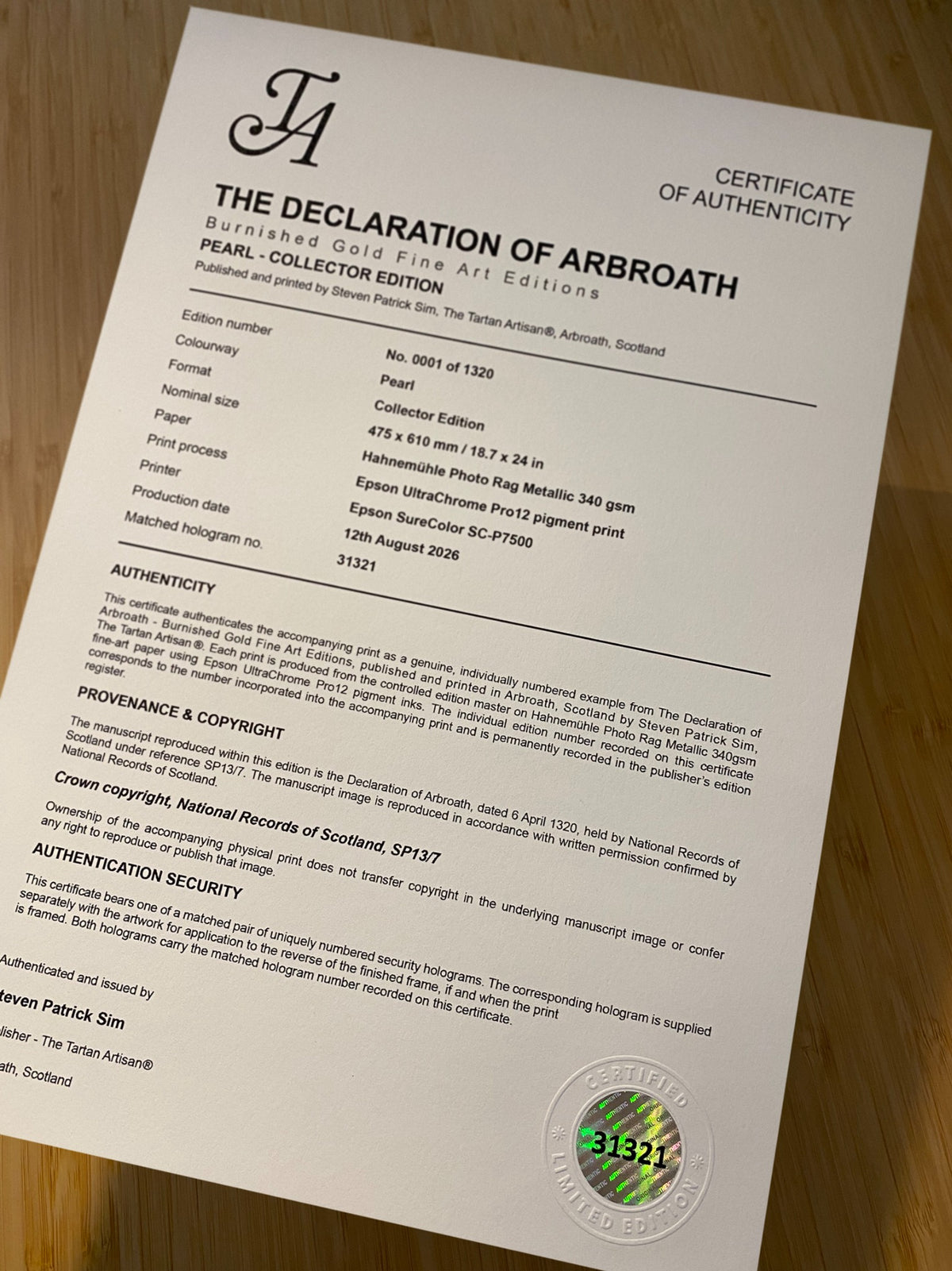 Pearl Collector Edition Certificate of Authenticity for No. 0001 of 1320, dated 12th August 2026 and carrying matched hologram number 31321.
