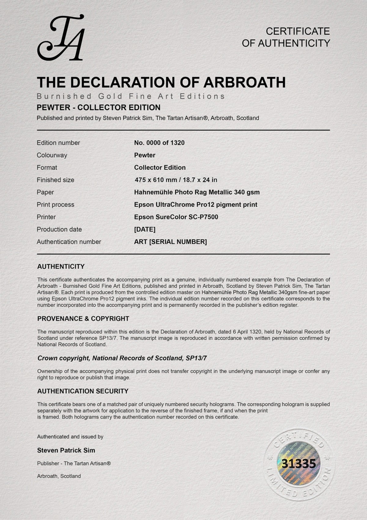Full A4 Pewter Collector Edition Certificate of Authenticity showing edition specifications and serialised hologram 31335.