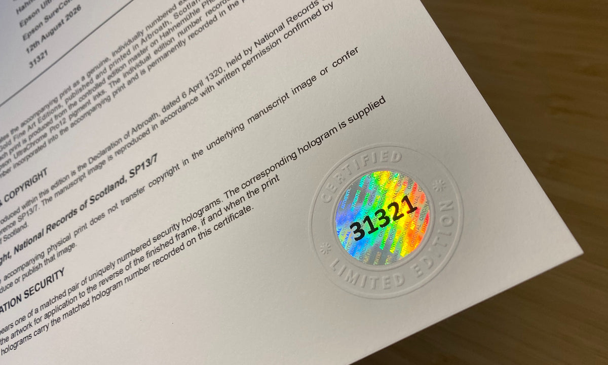 Close detail of Pearl Collector Edition Certificate of Authenticity hologram 31321 set within the blind-embossed “Certified Limited Edition” seal.