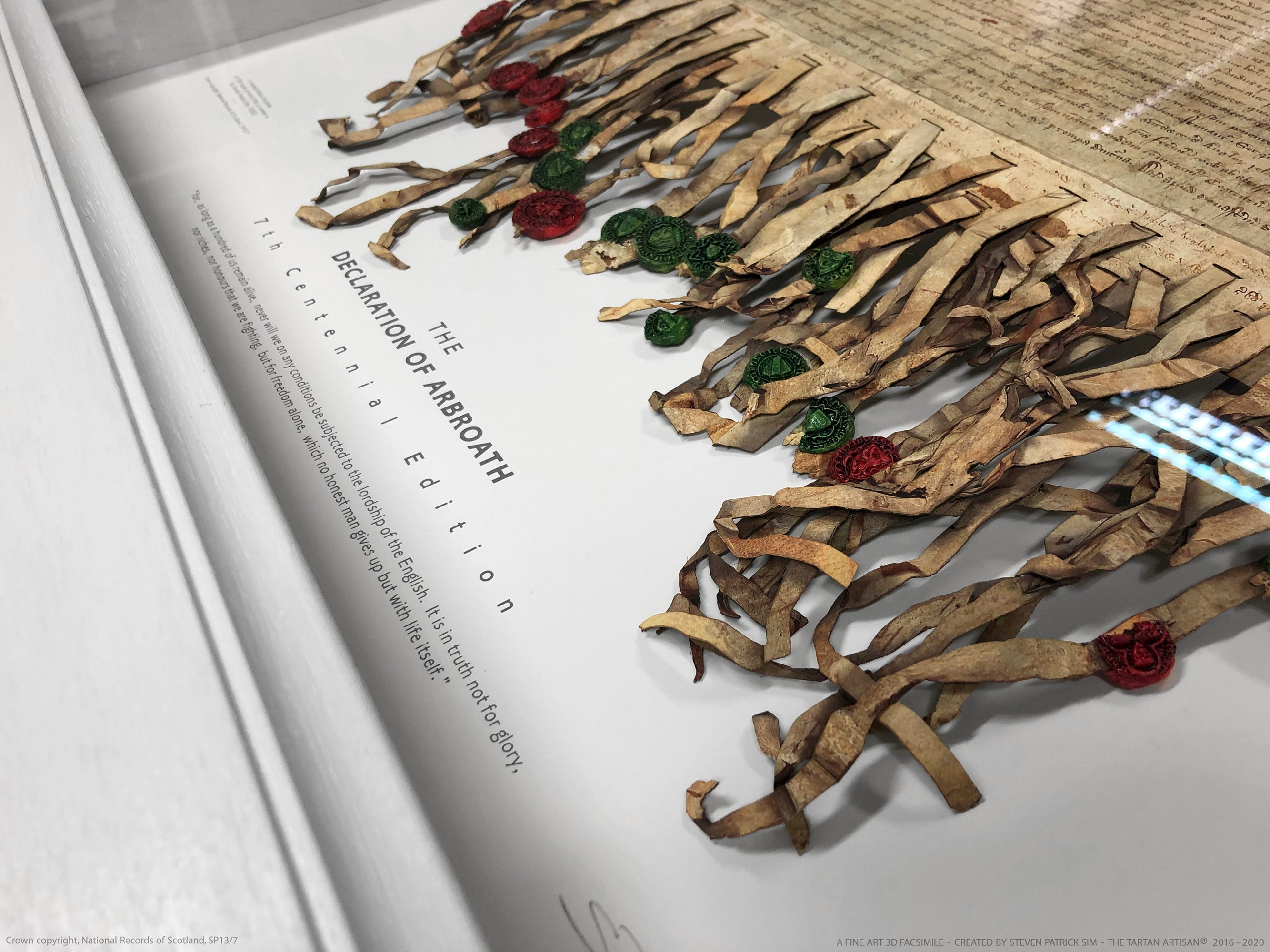 Long angled detail of the Declaration of Arbroath Fine-Art 3D Facsimile, showing the layered ribbon tabs and cast seal construction from the side.