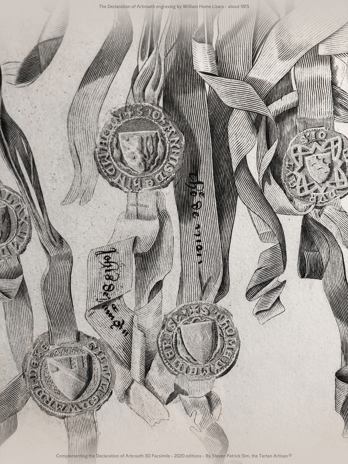 Multiple seals and folded parchment tags in the William Home Lizars engraving of the Declaration of Arbroath.