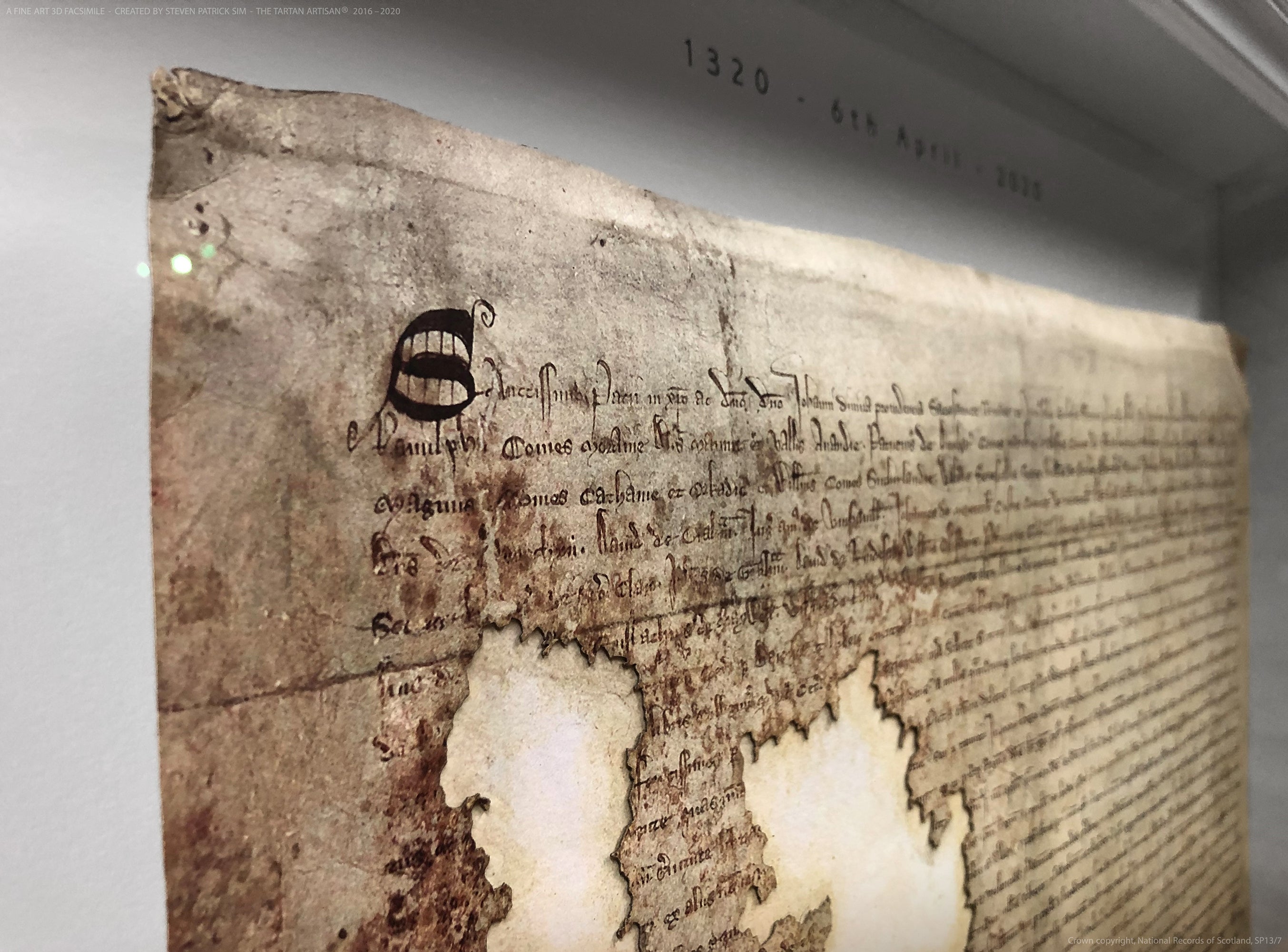 White-frame manuscript corner detail of the Declaration of Arbroath Fine-Art 3D Facsimile, showing the upper document area and subtle date inscription.