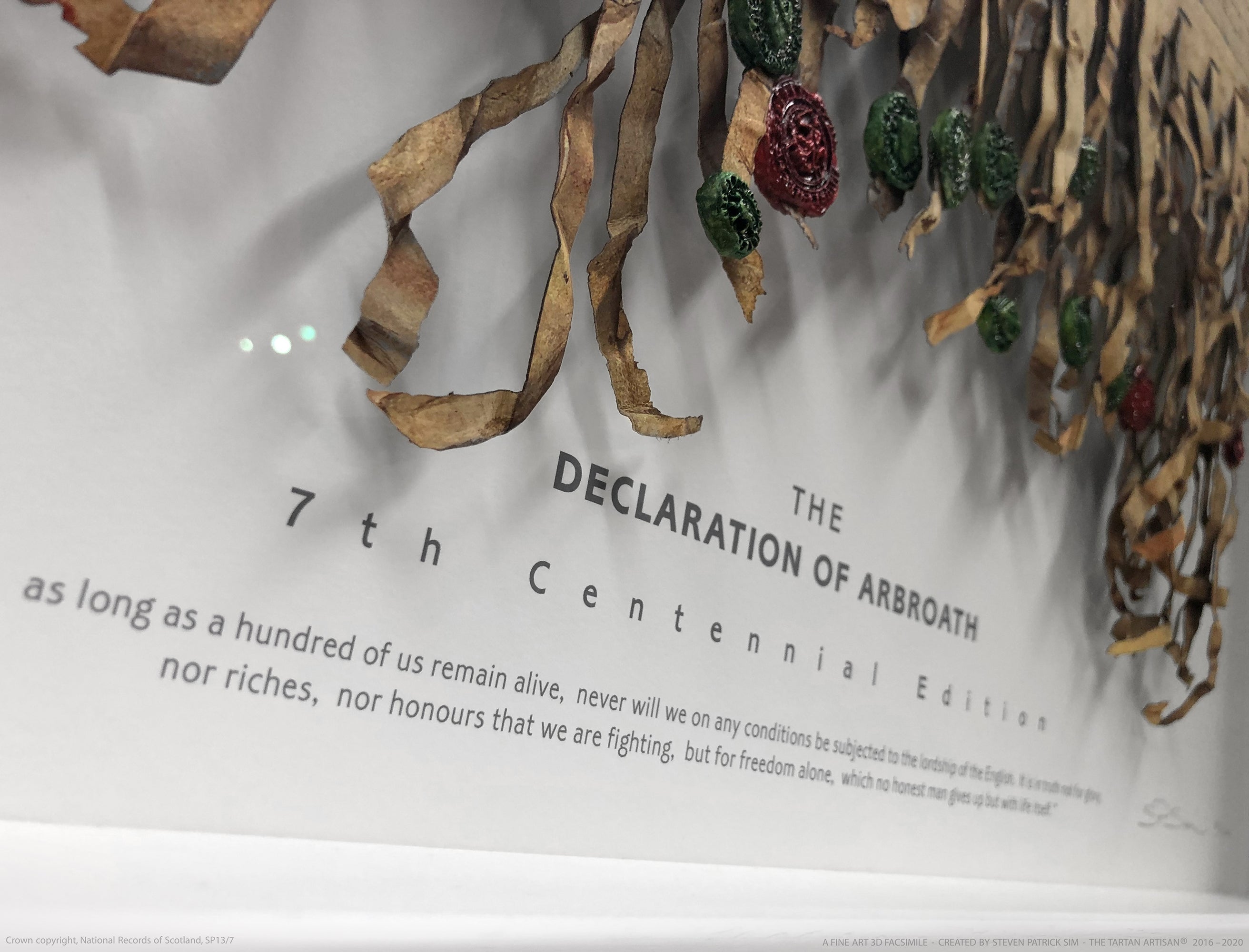 Detail of the title and edition presentation area of the Declaration of Arbroath Fine-Art 3D Facsimile, with numbered edition styling and collector presentation text.