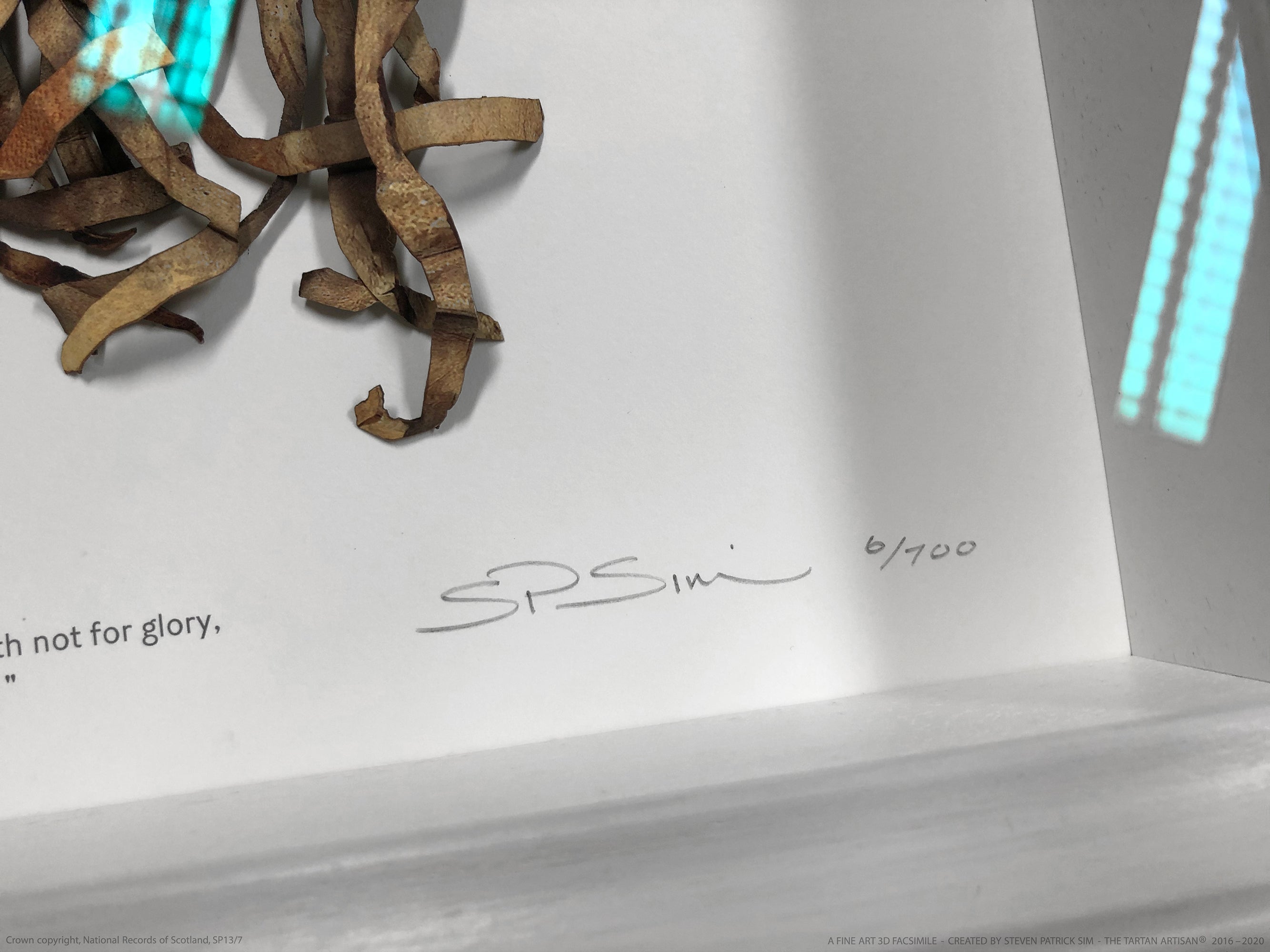 Close detail of the artist signature and edition numbering area on the Declaration of Arbroath Fine-Art 3D Facsimile presentation.