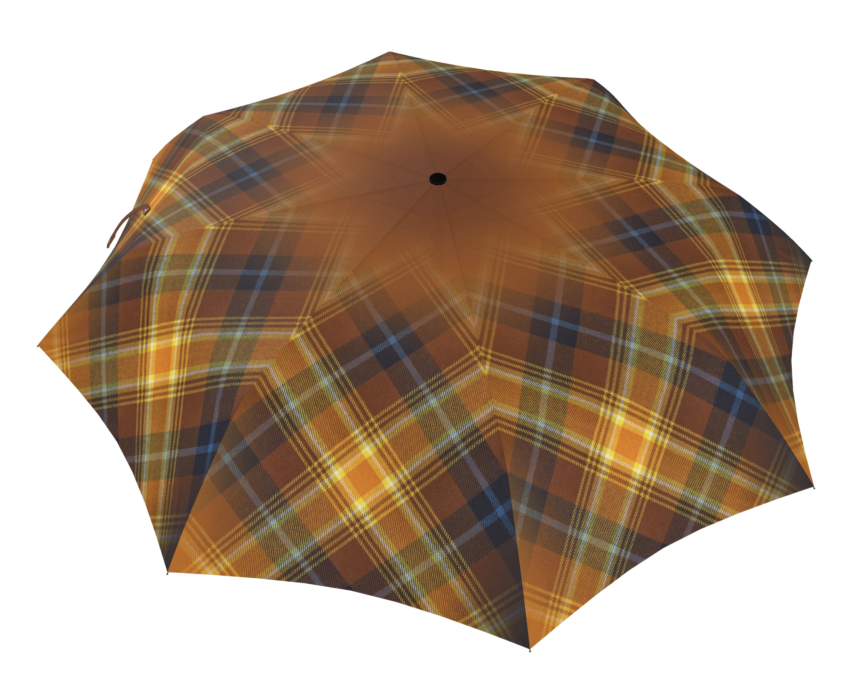 Angled exterior view of the Angels’ Share® Simply Tartan mini auto-open umbrella canopy.
