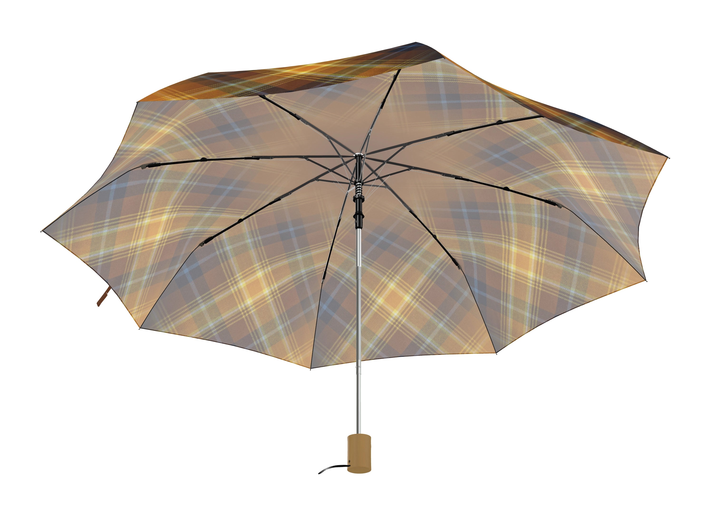Interior canopy view of the Angels’ Share® Simply Tartan mini umbrella with translucent fabric.