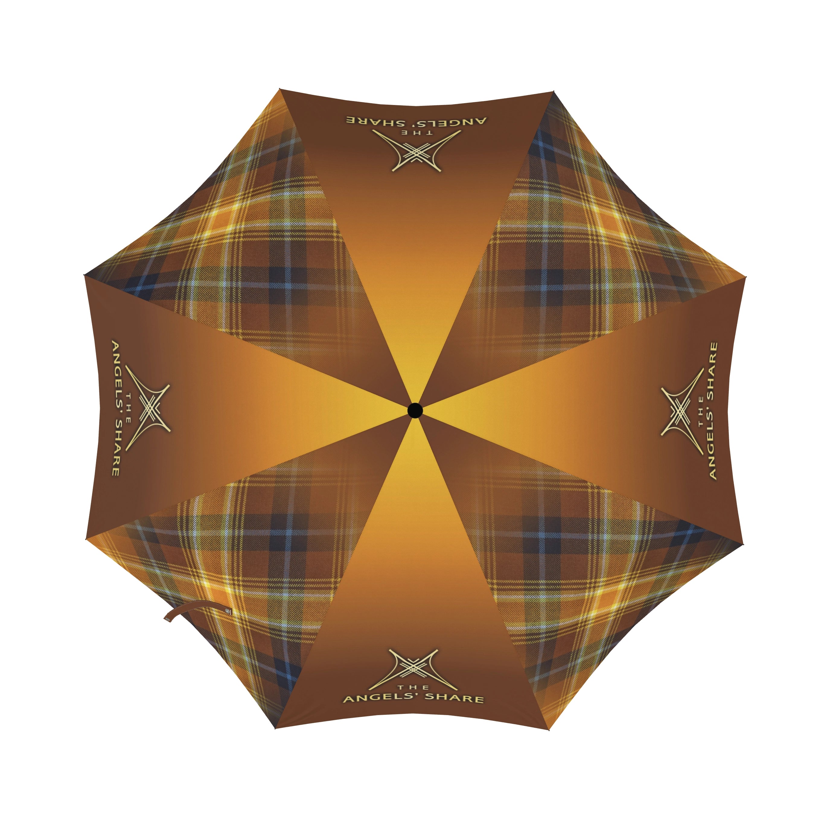 Overhead view of the mini umbrella canopy showing the radial layout of tartan and golden emblem panels.