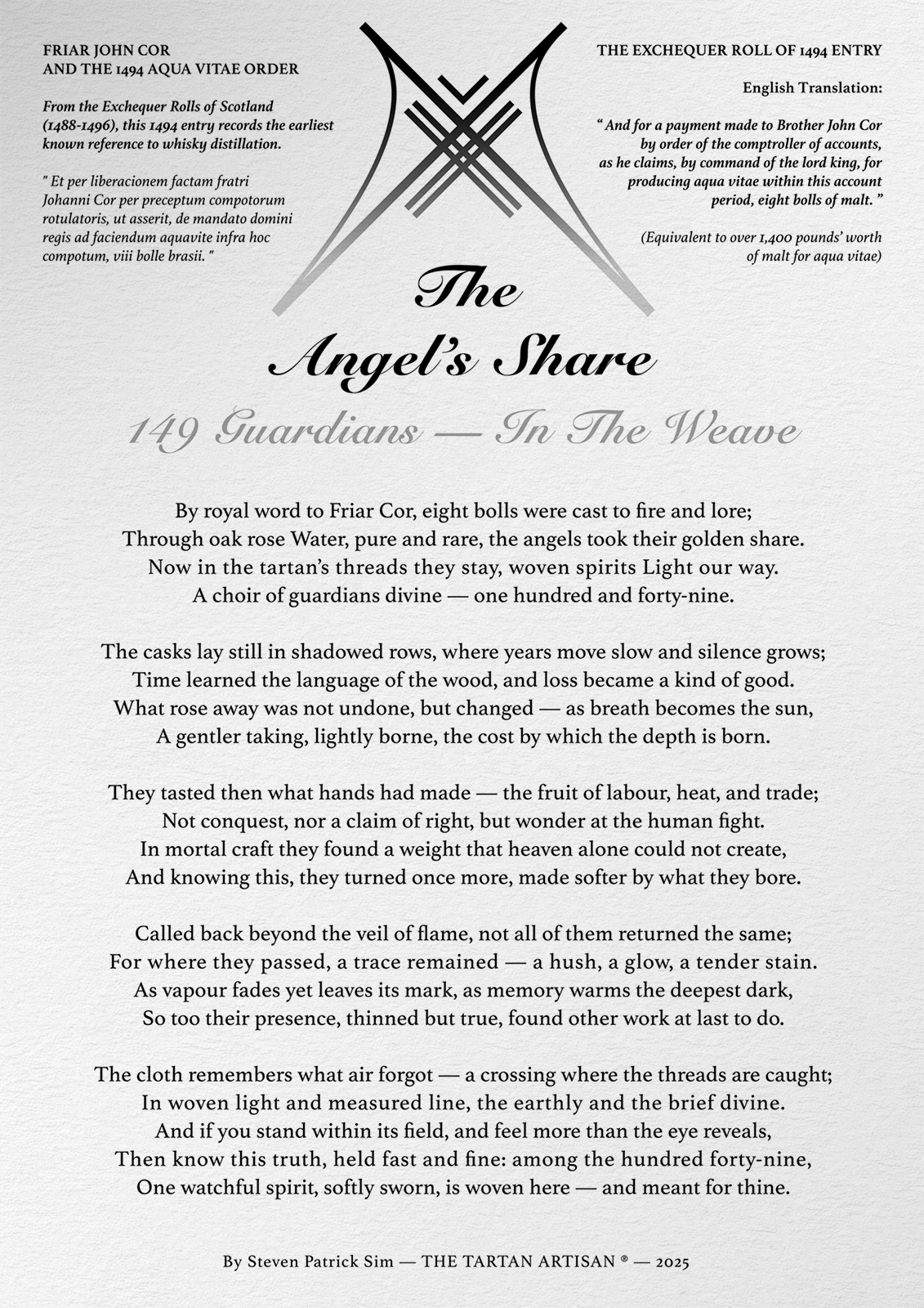 A1 poem sheet for The Angels’ Share tartan showing emblem, historical text, and poetic provenance.