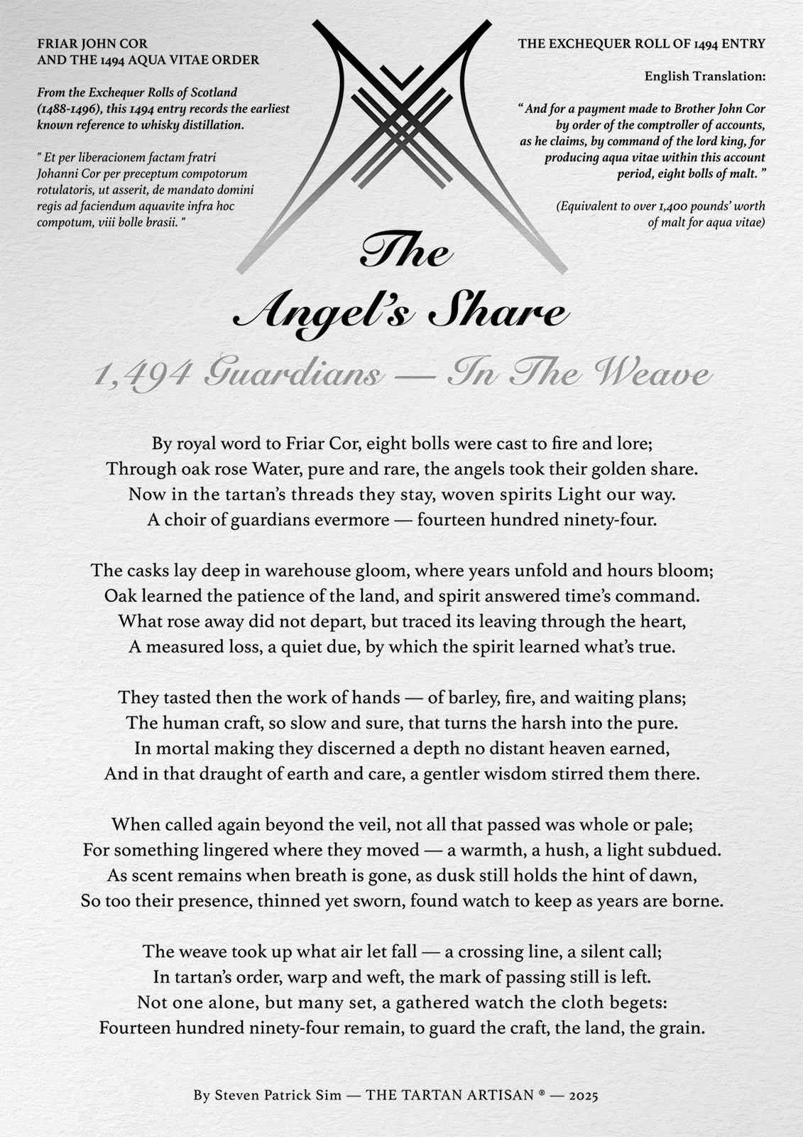 Full A2 poem sheet for The Angels’ Share with angel symbol and historic whisky text.
