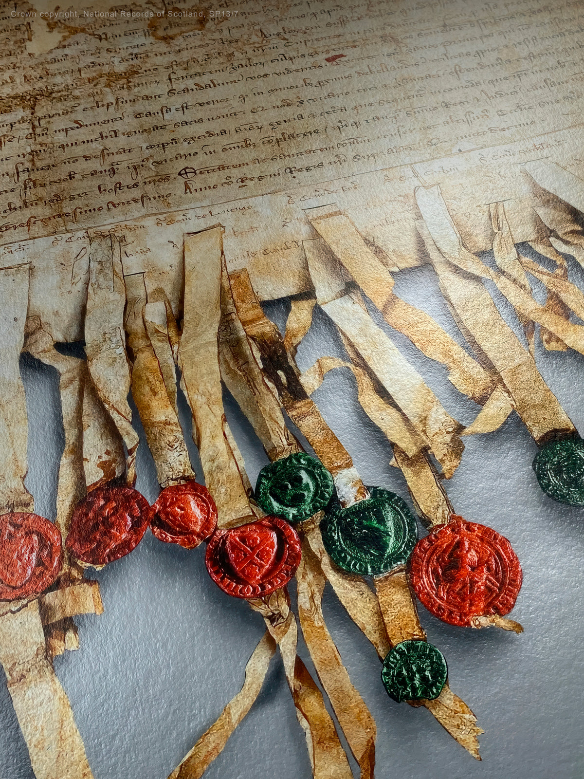 Pewter Burnished Gold fine-art print showing the Declaration of Arbroath manuscript, parchment ribbons and wax seals on reflective metallic paper.