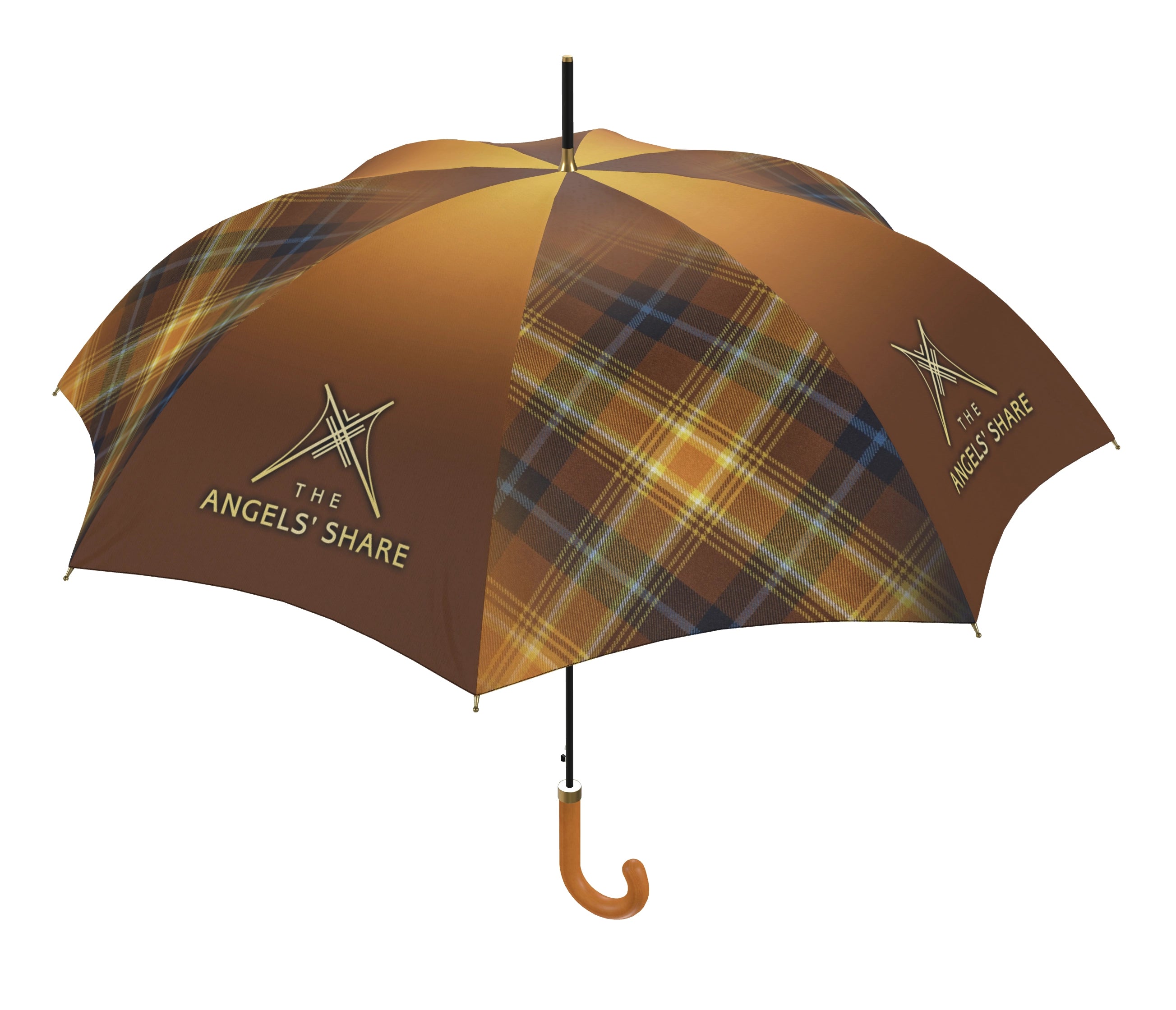 Full length view of The Angels’ Share tartan city umbrella with auto-open mechanism and curved brown wooden handle