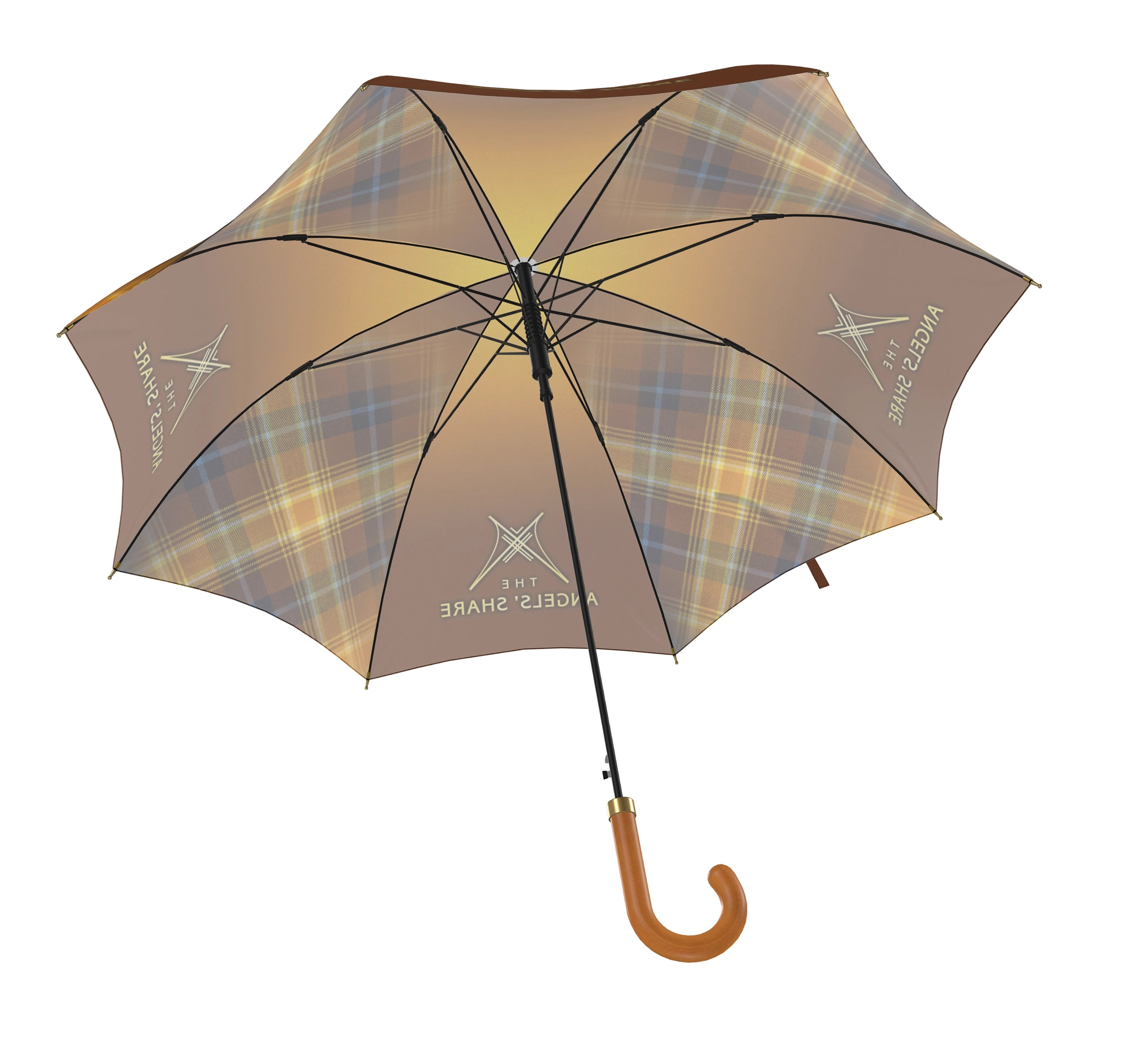 Detailed view of the interior metal frame and rib construction inside The Angels’ Share tartan city umbrella