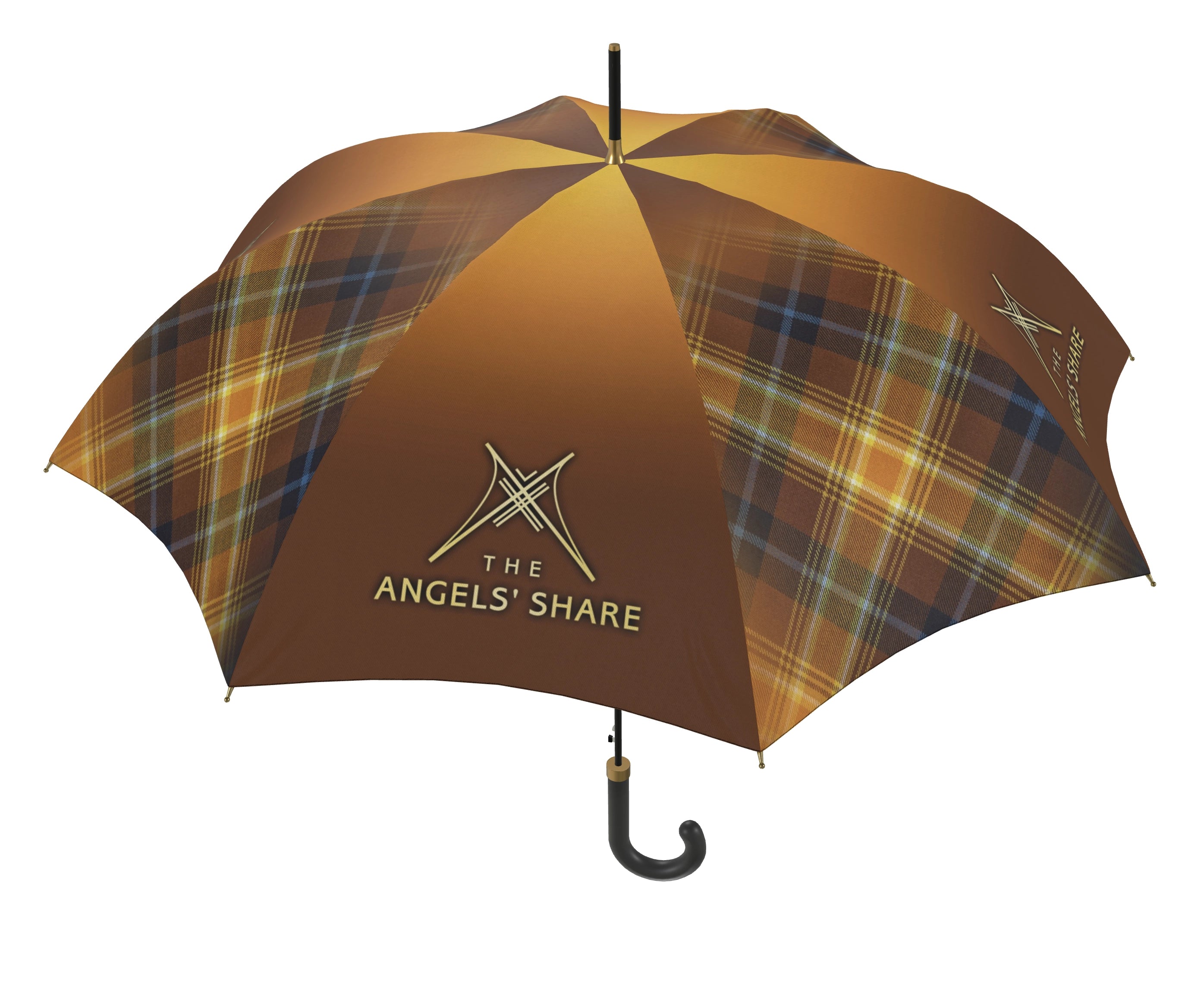 Front-facing view of the Angel’s Share city umbrella showing the Angel’s Share emblem on amber panel.