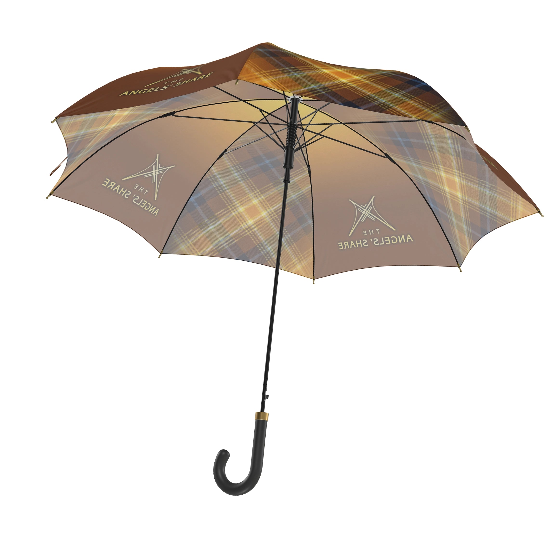 Interior view of the Angel’s Share tartan city umbrella showing ribs, structure, and reverse fabric.