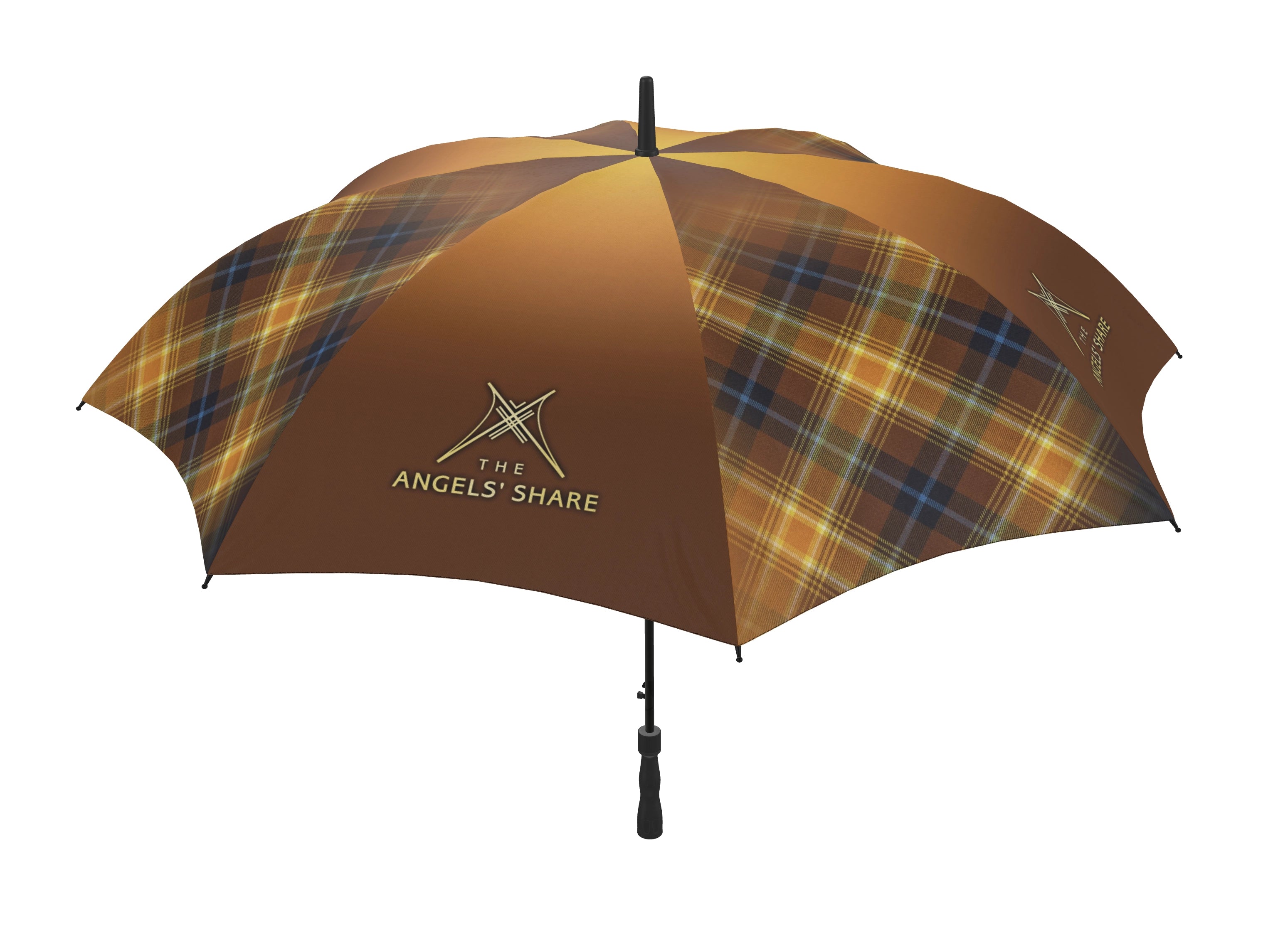 Front-facing open view of the Angels' Share tartan golf umbrella highlighting the emblem panel and full canopy span.