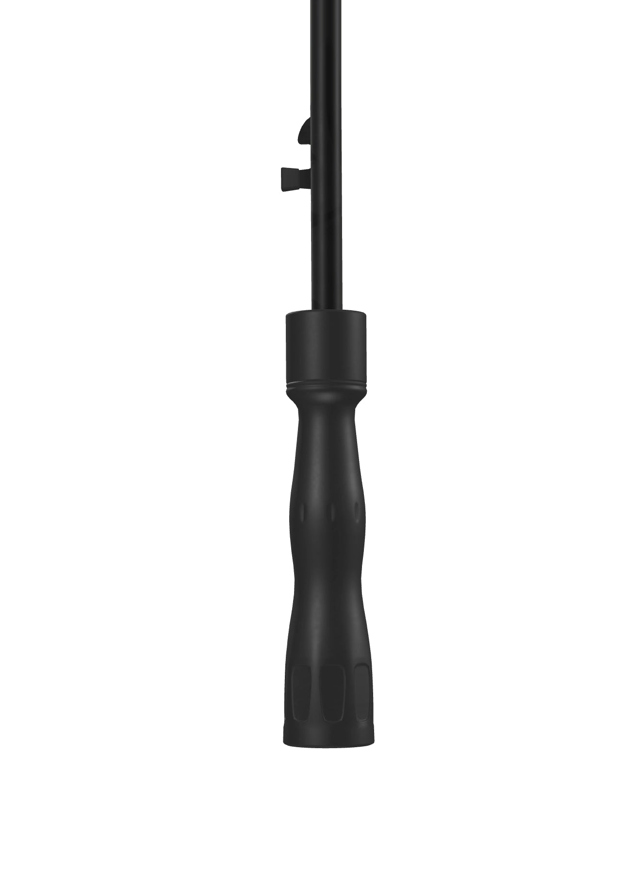 Close-up detail of the black handle and shaft of the Angels' Share tartan golf umbrella, designed for comfort and strength.