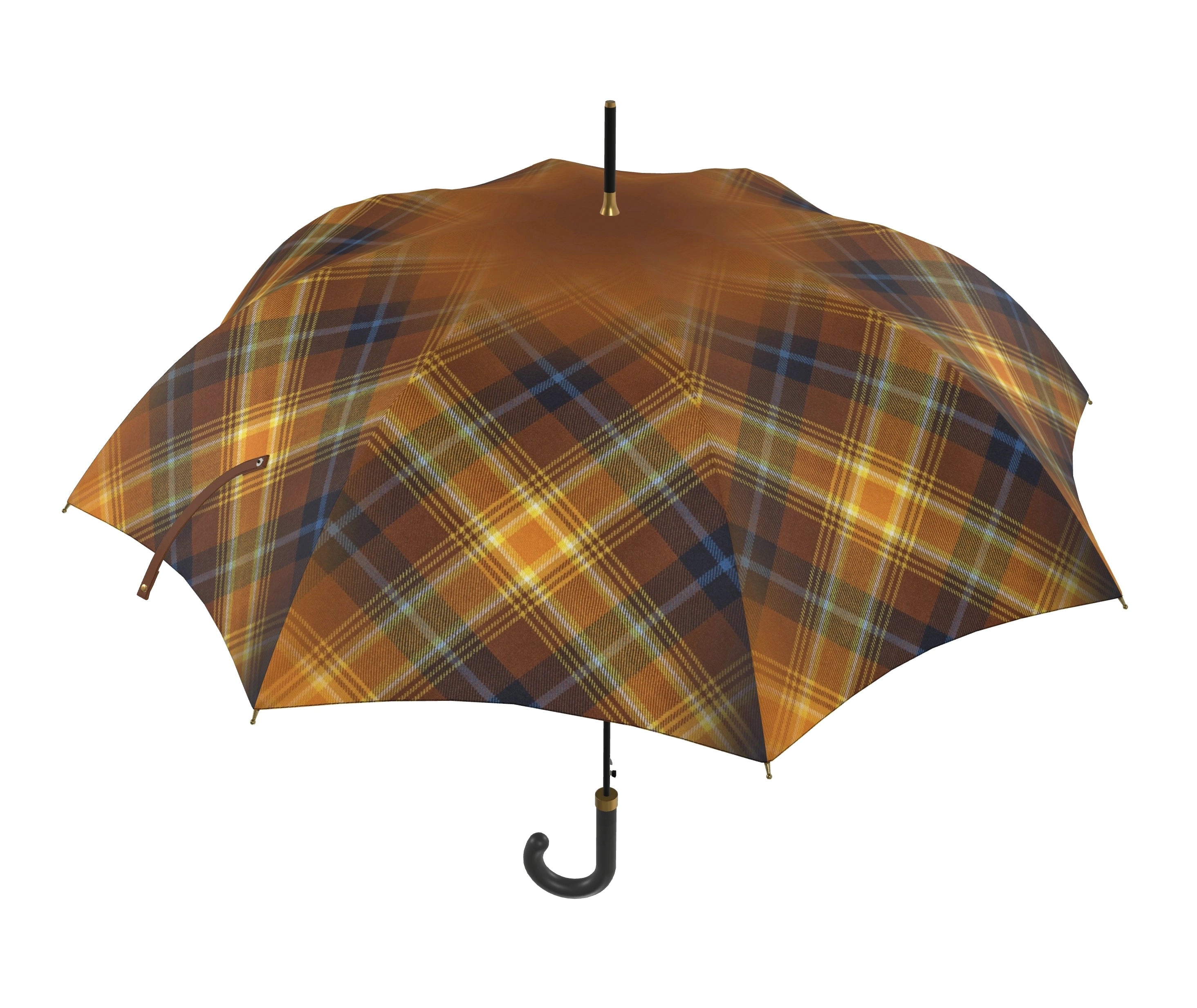 Front view of the Angel’s Share simply tartan city umbrella with black handle, fully open against a white background.