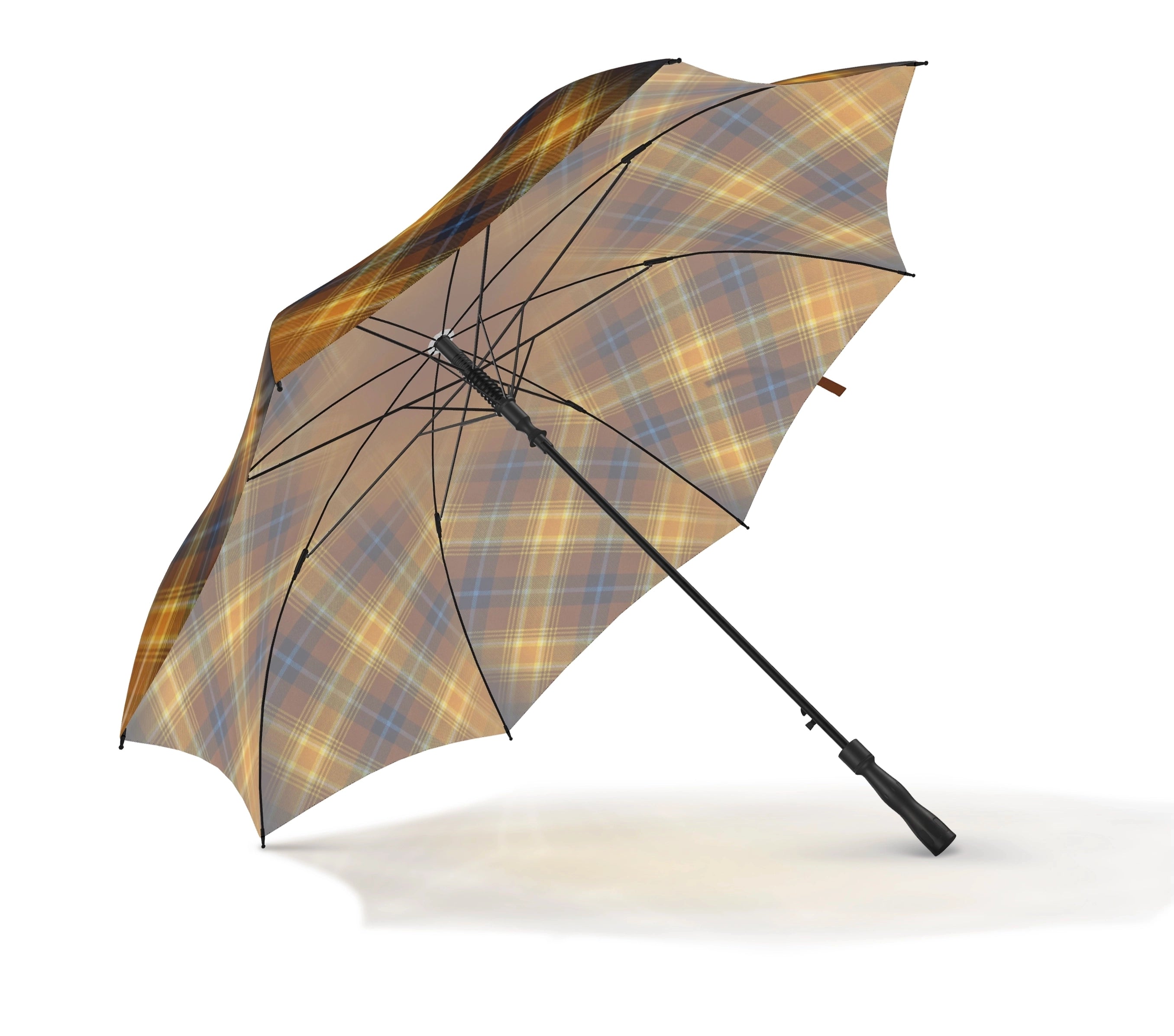 Open Angel’s Share® simply tartan golf umbrella with ground shadow