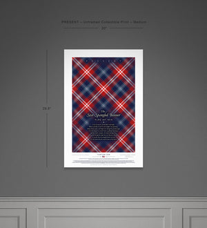 Cropped presentation of the medium unframed Present Edition tartan print. Shows the vibrant red and navy hues up close, capturing the high contrast weave pattern symbolic of the contemporary U.S. flag.
