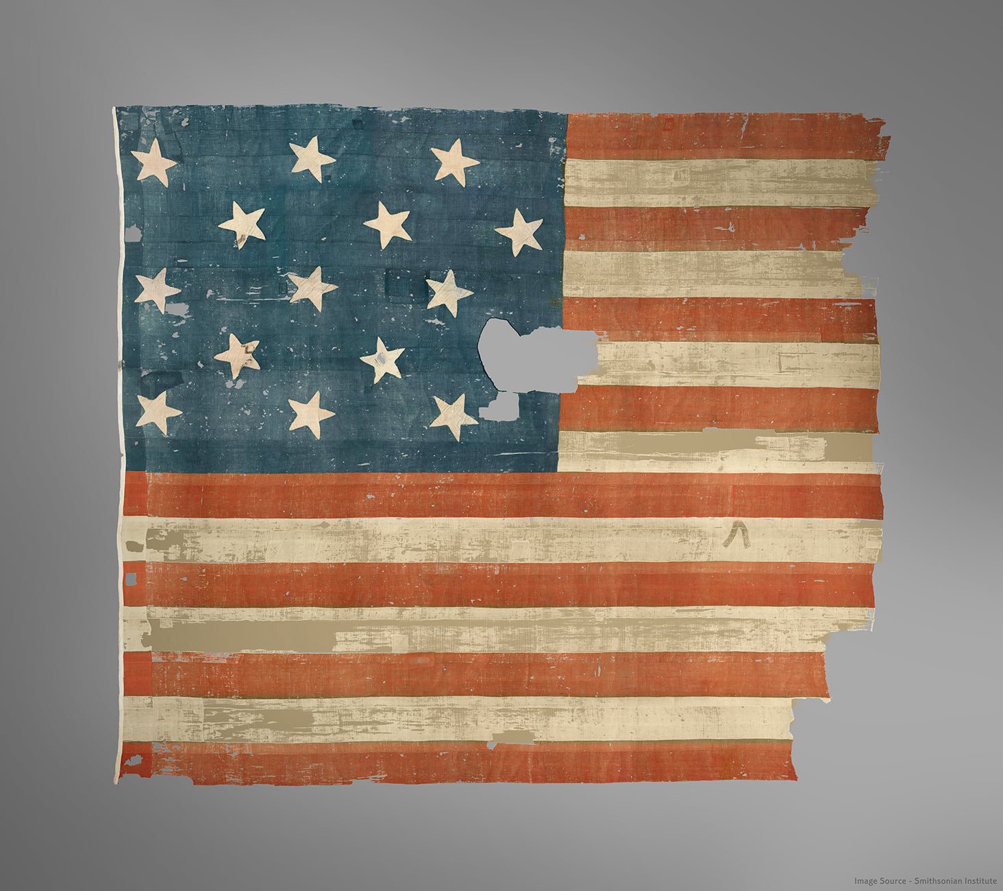 Original 1814 Star-Spangled Banner flag, preserved with historic wear and faded colours.