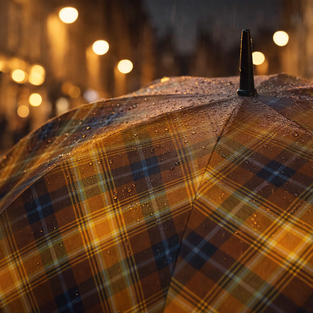 Plaid umbrella with raindrops against a blurred background of lights