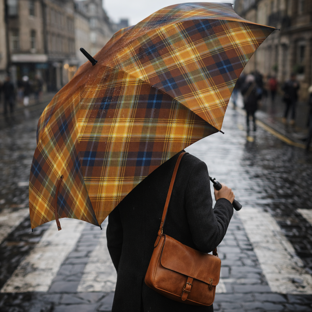 Person holding a plaid umbrella on a city street