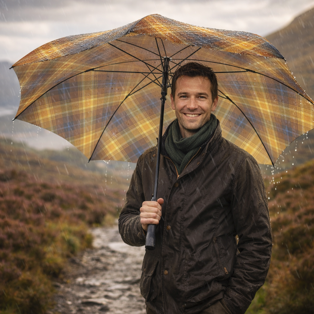Man holding an Angels' Share umbrella in a rainy landscape with mountains in the background