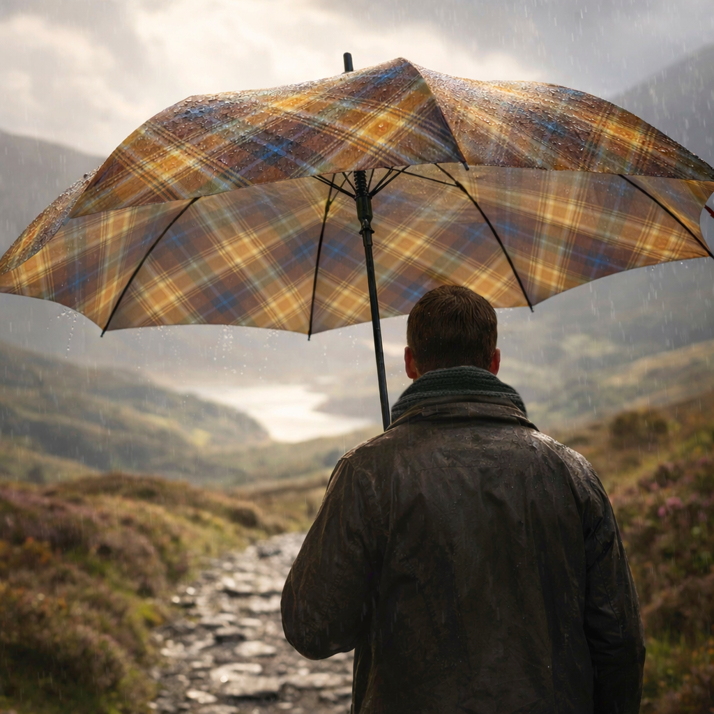 Person holding an Angels' Share umbrella walking on a path with mountains in the background