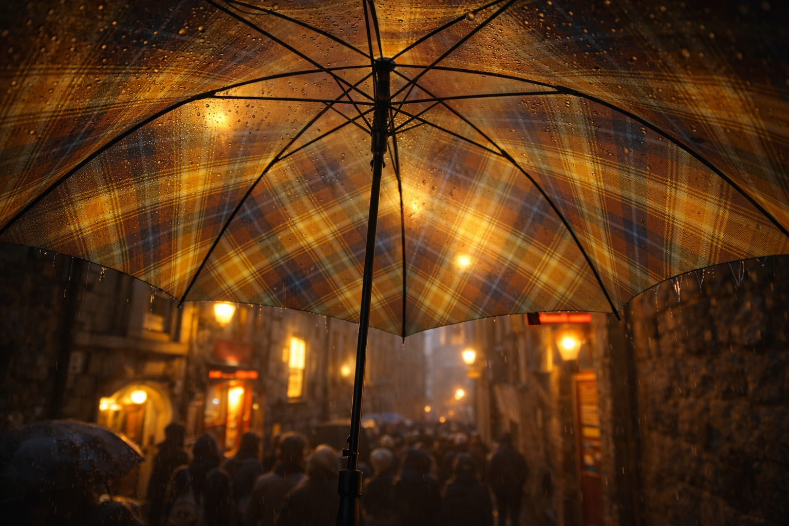 Plaid umbrella over a crowd in a dimly lit street with warm lighting.