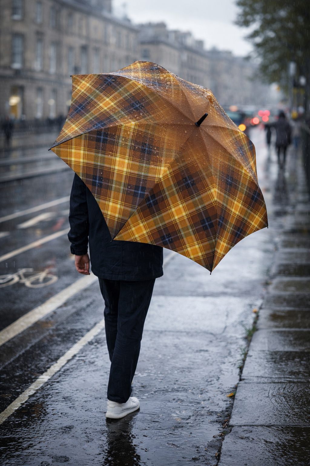 Person holding a plaid umbrella walking on a rain-soaked street