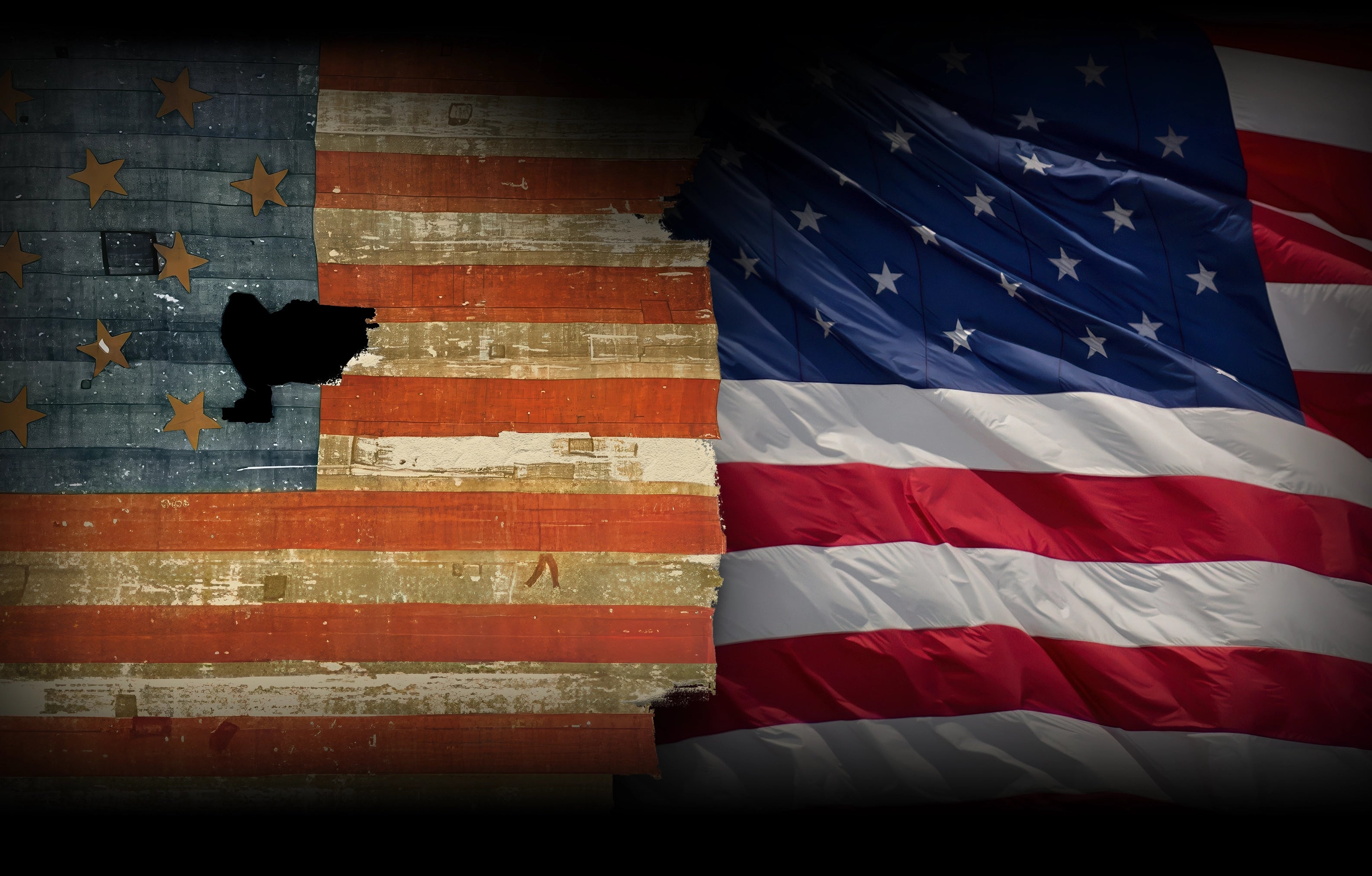 Past and modern U.S. flags joined together with the Star-Spangled Banner tartan symbolising unity.