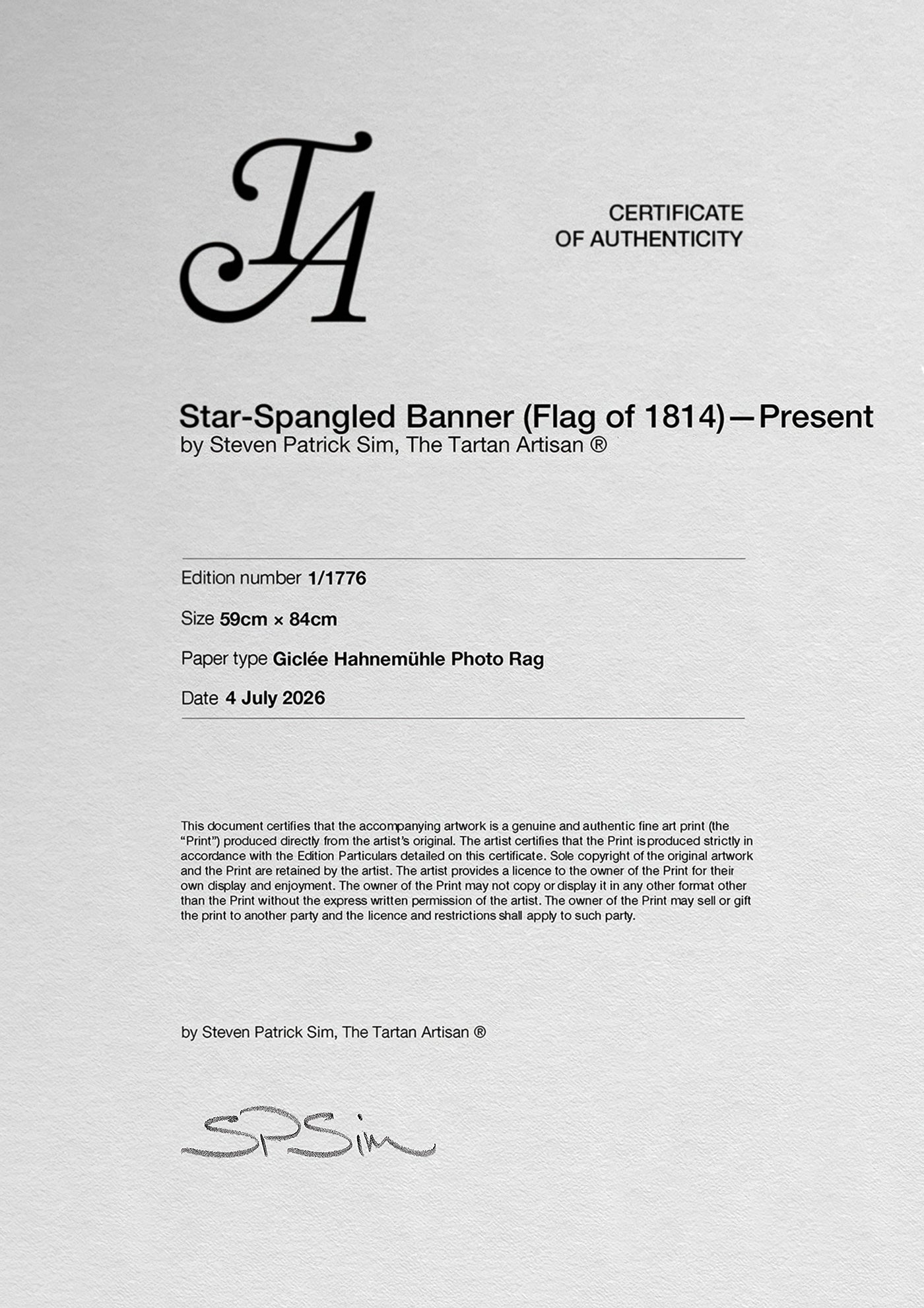 Certificate of authenticity for Star-Spangled Banner Present Edition with edition details.
