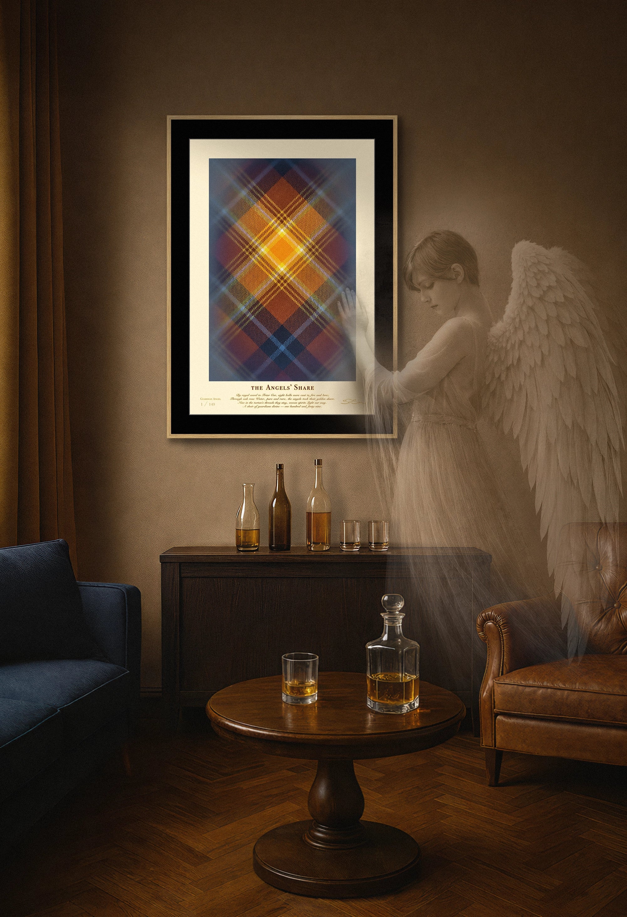 Framed Angels’ Share tartan with angelic figure symbolising whisky evaporation.