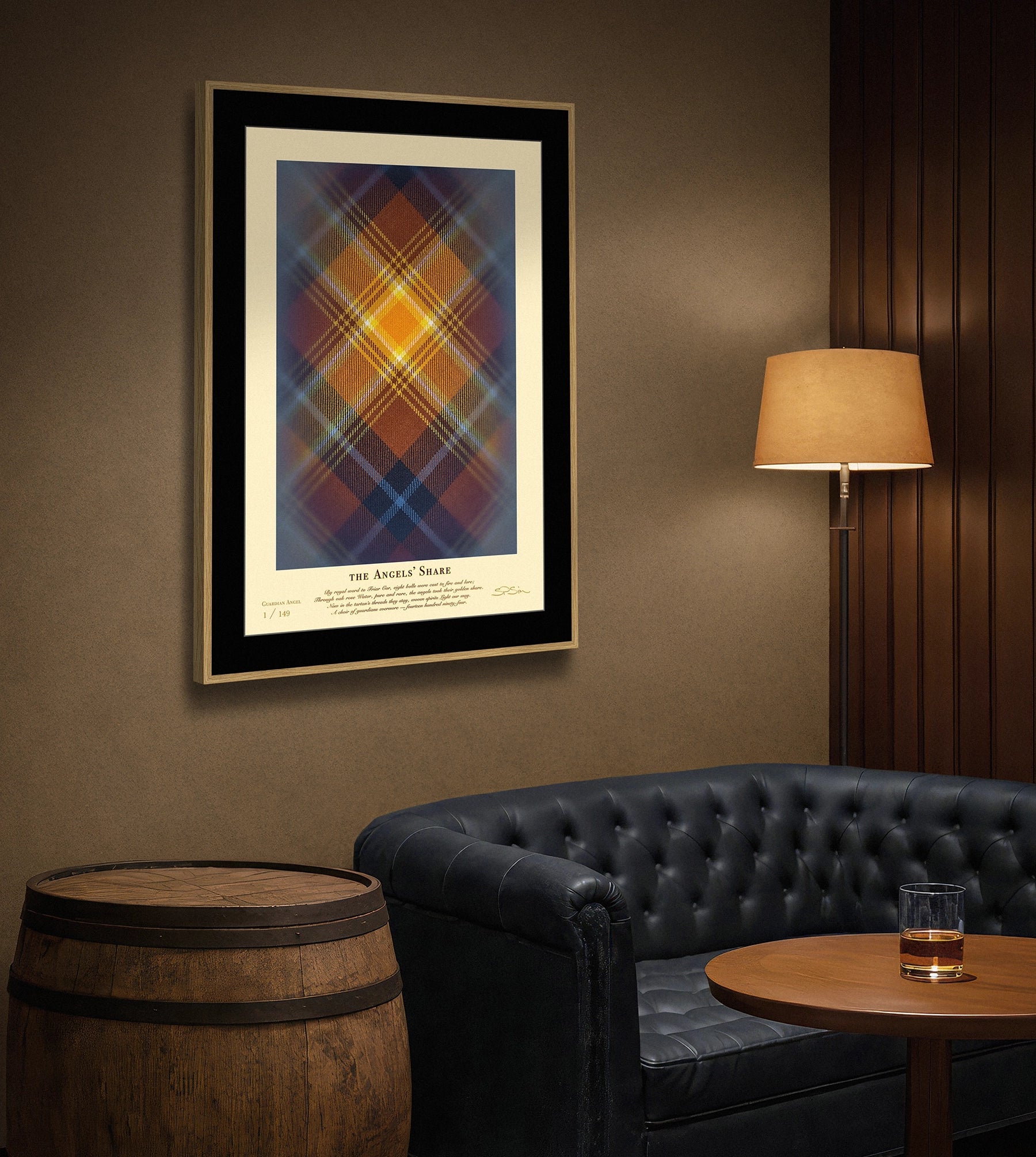 Angels’ Share tartan framed artwork in lounge setting.