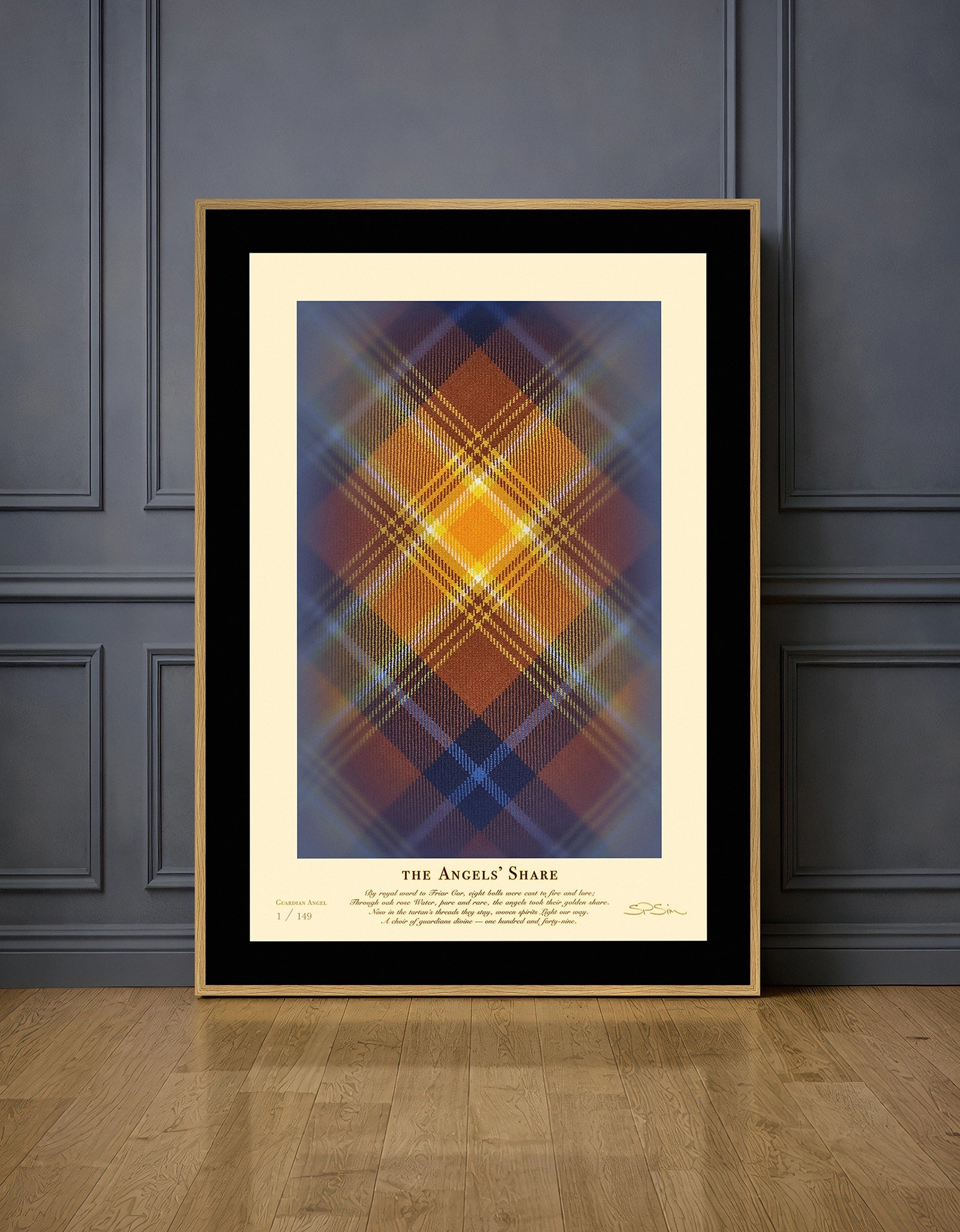 Angels’ Share tartan framed on blue wall.