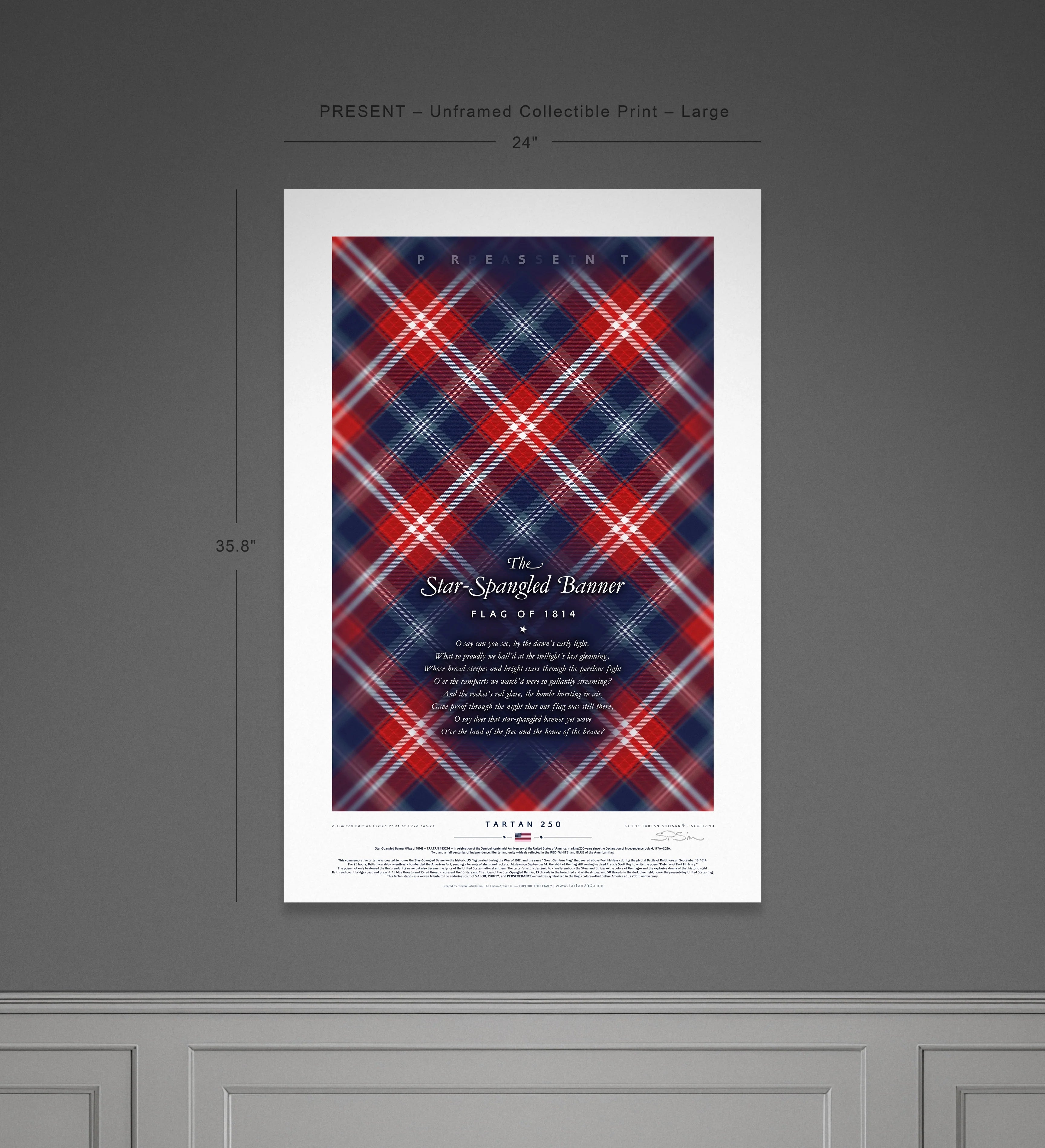 Large unframed Star-Spangled Banner Present Edition tartan print, cropped to emphasise detail. This bold, contemporary red and navy tartan represents the 50-star flag in modern colour vibrancy.