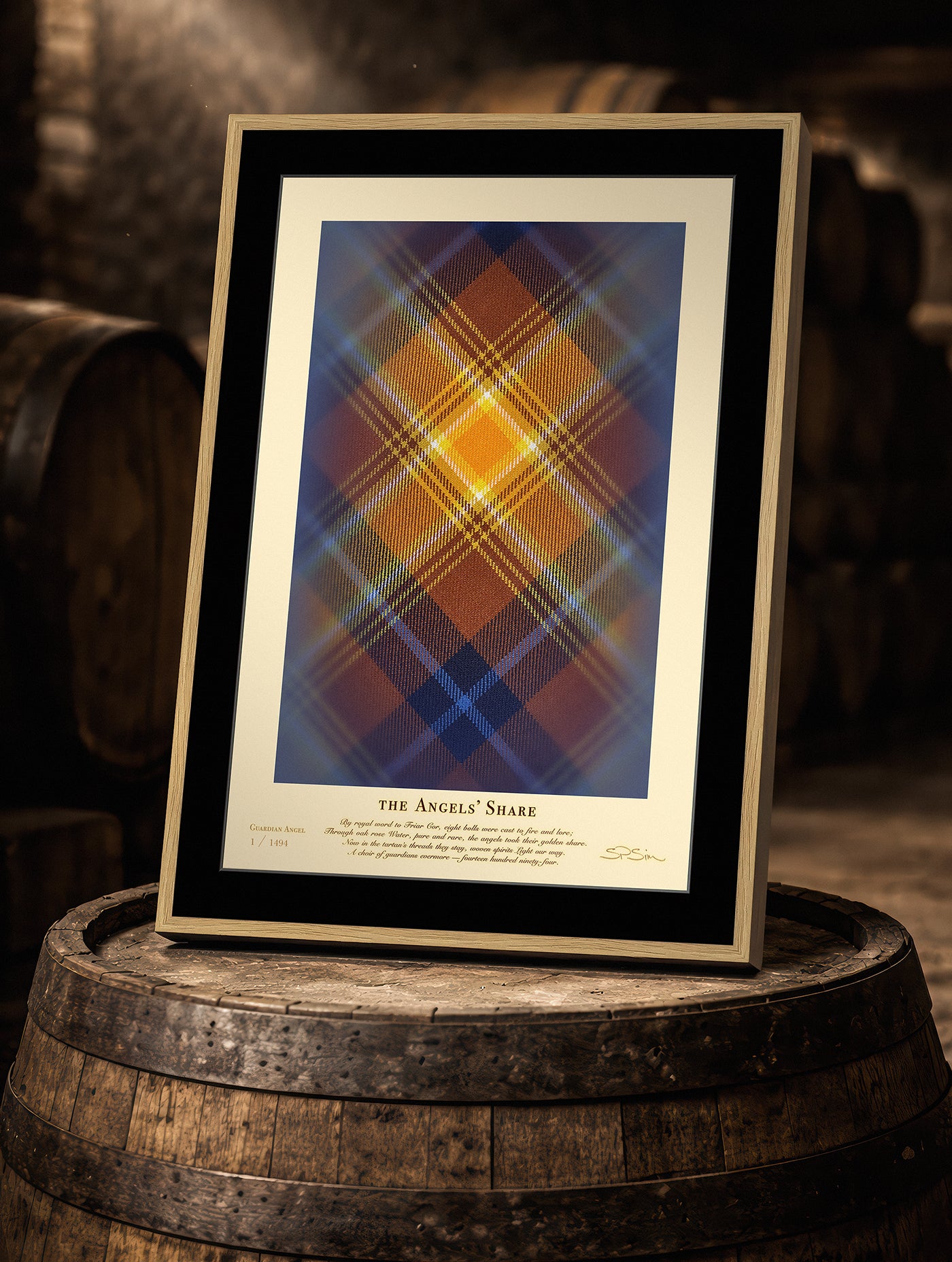 Framed Angels’ Share (1494 Guardians) print resting on top of a wooden whisky barrel.